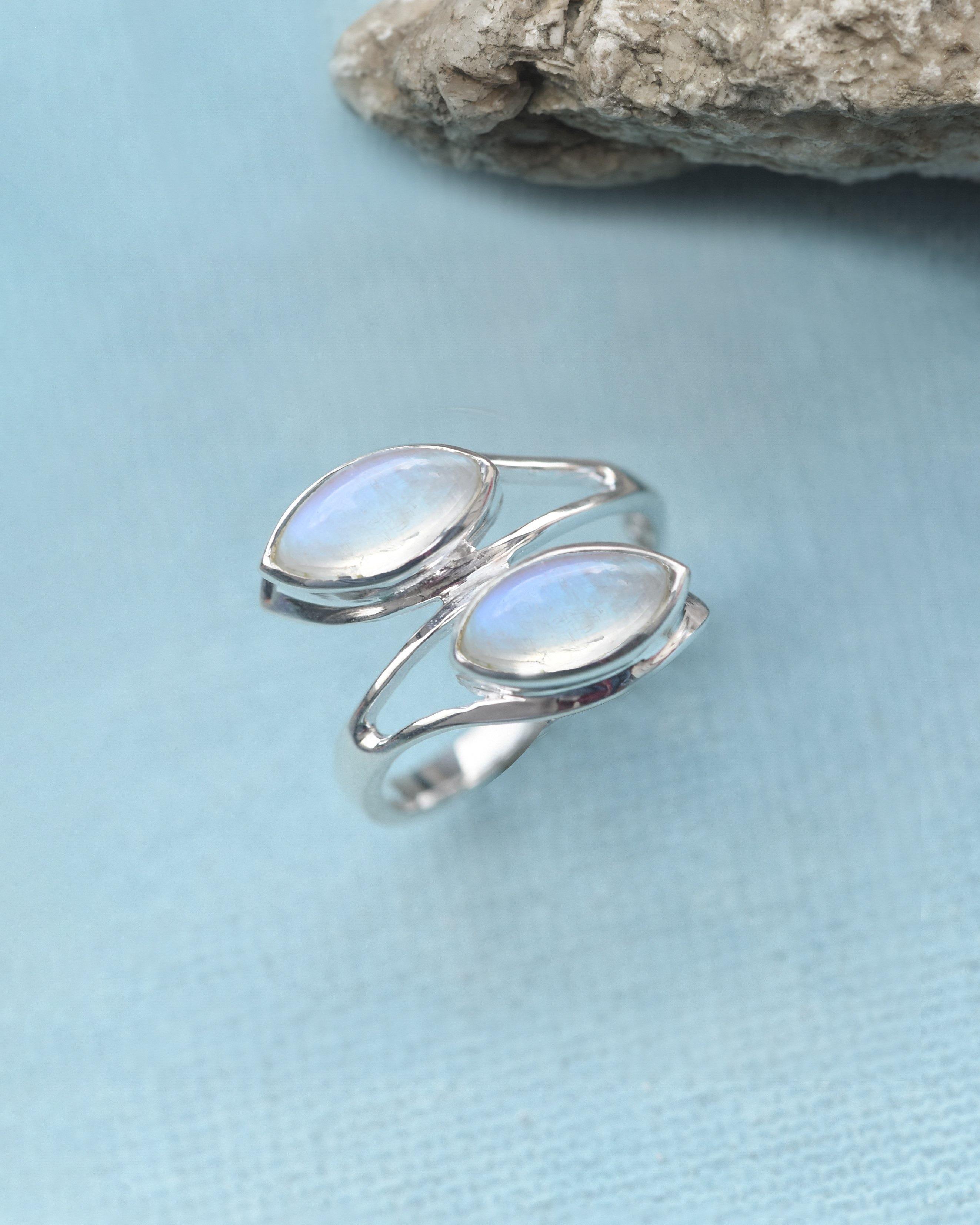 Rainbow Moonstone Solid 925 Sterling Silver Leaf Design Ring Genuine Gemstone Jewelry - YoTreasure