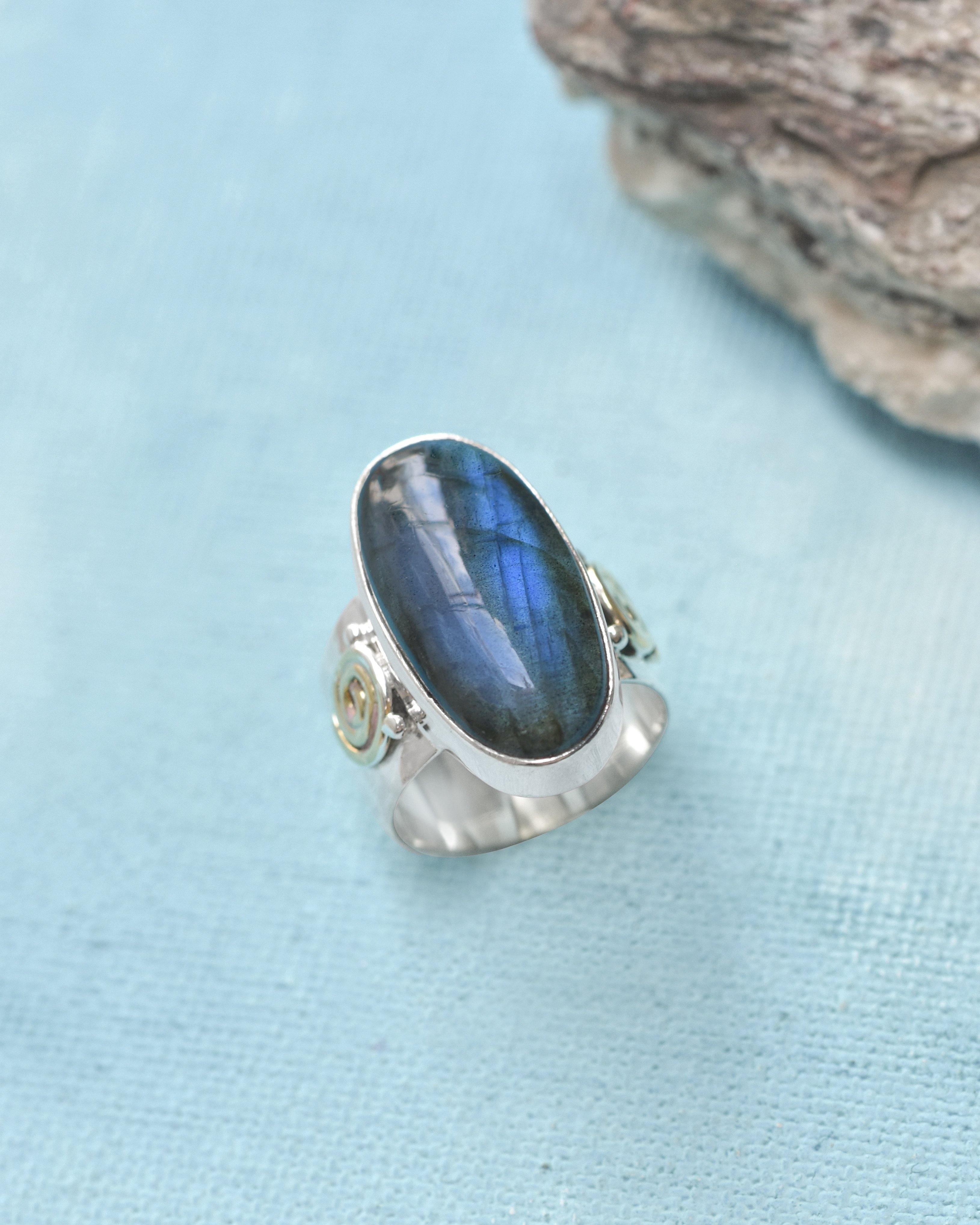 Labradorite 925 Sterling Silver Brass Ring Genuine Gemstone Jewelry - YoTreasure