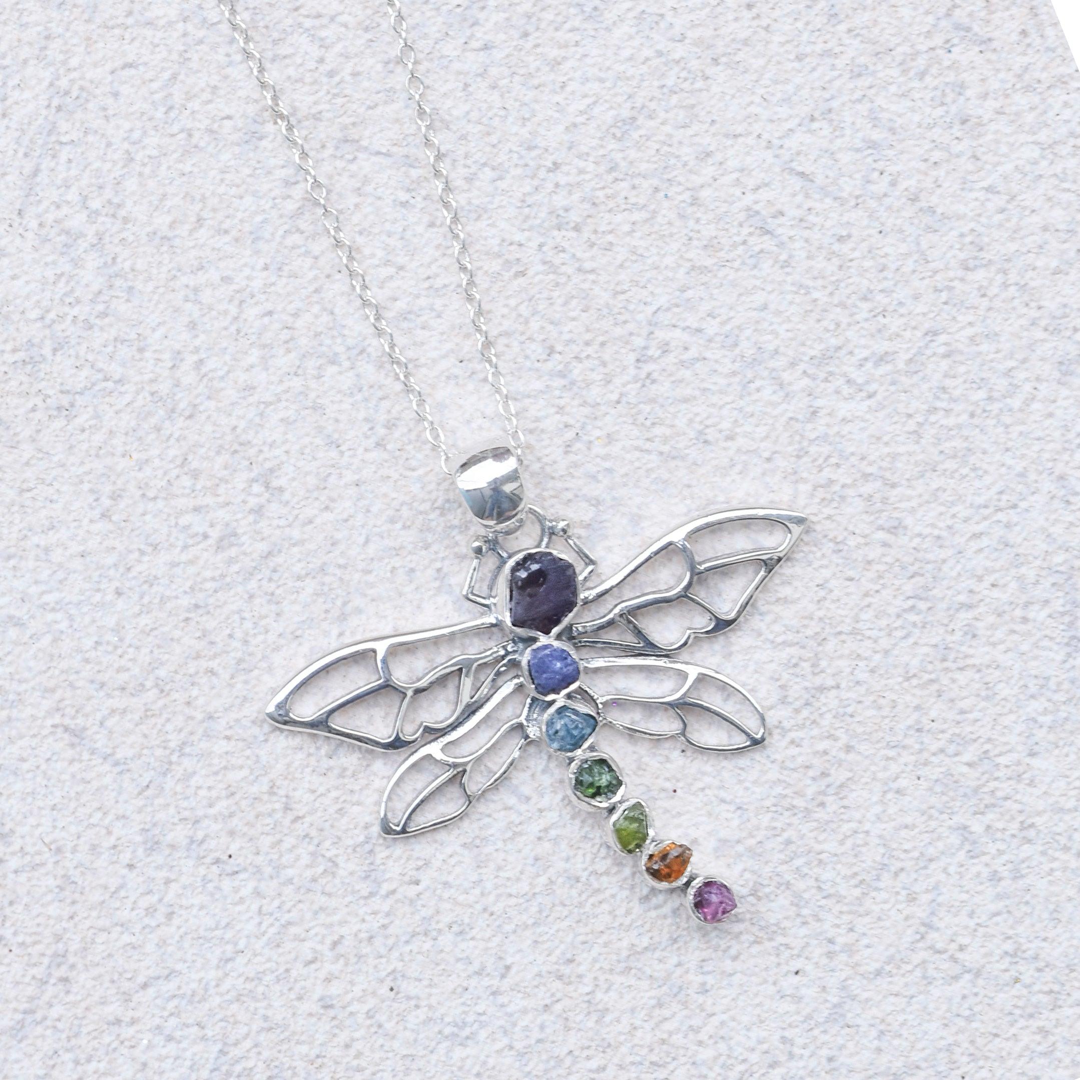 Rough Chakra Healing Stone Solid Sterling Silver Chain Dragonfly Pendant Necklace Jewelry - YoTreasure