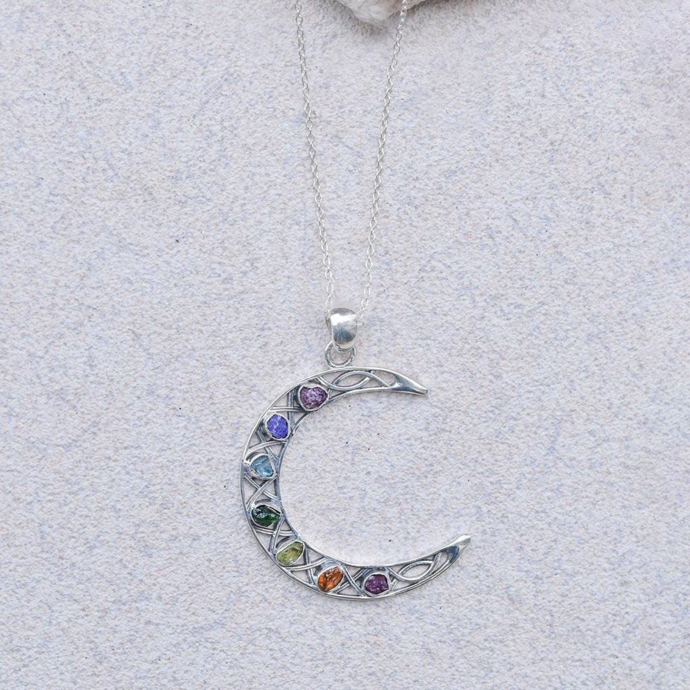 Rough Chakra Healing Stone Solid Sterling Silver Chain Crescent Moon Necklace Pendant Jewelry - YoTreasure