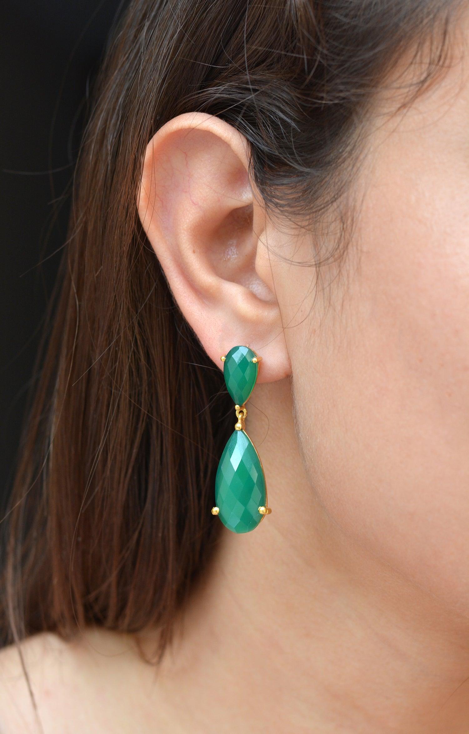 Green Onyx Gold Plated Over Brass Drop Earrings Jewelry - YoTreasure