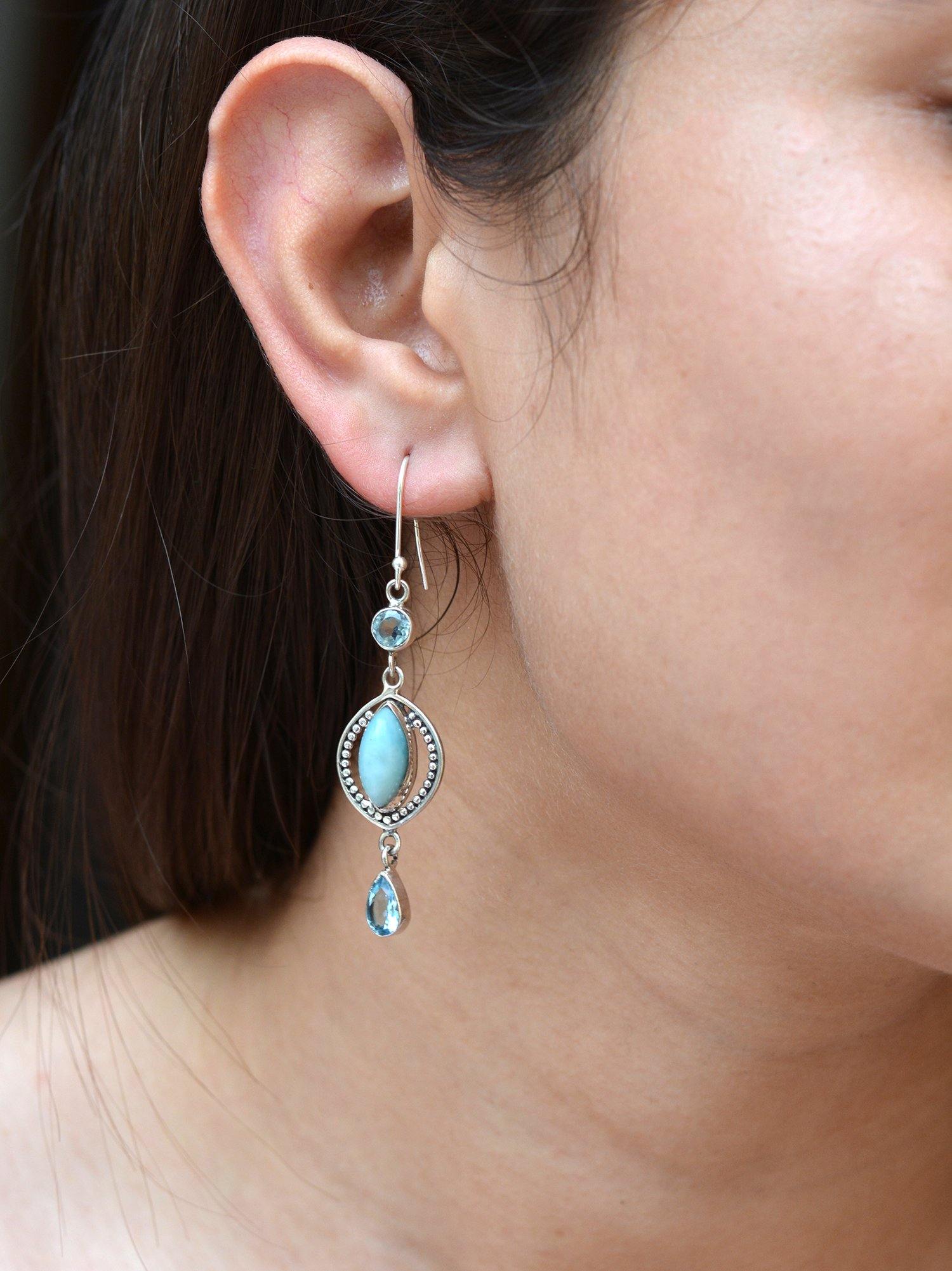 Natural Larimar Blue Topaz Solid 925 Sterling Silver Dangle Earrings Jewelry - YoTreasure