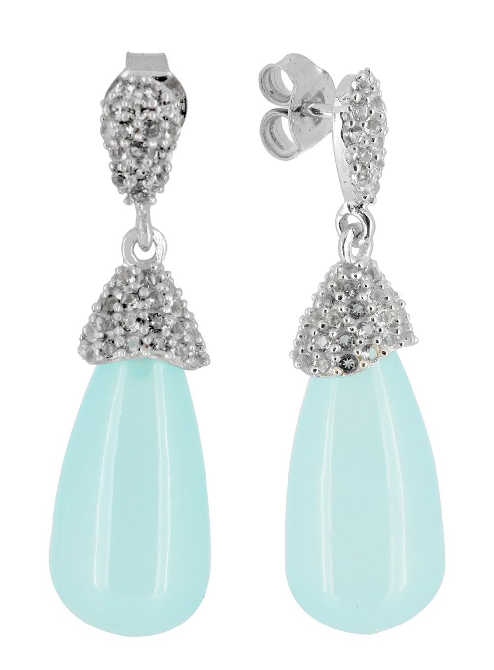 Aqua Chalcedony White Topaz 925 Solid Sterling Silver Gemstone Earrings - YoTreasure