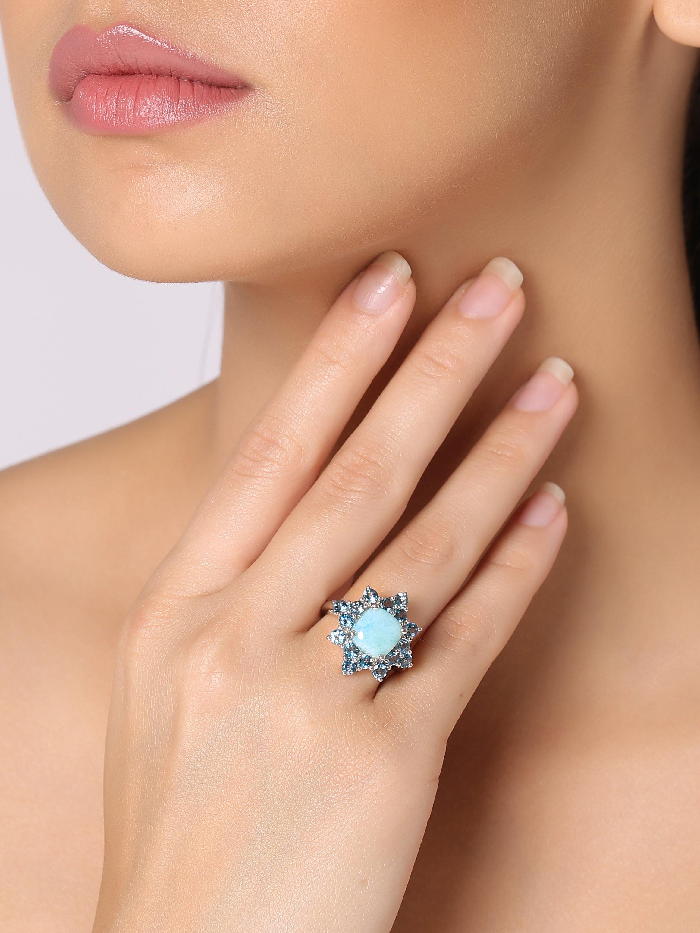 5.40 Cts. Larimar London Blue Topaz Solid 925 Sterling Silver Cluster Ring Jewelry - YoTreasure