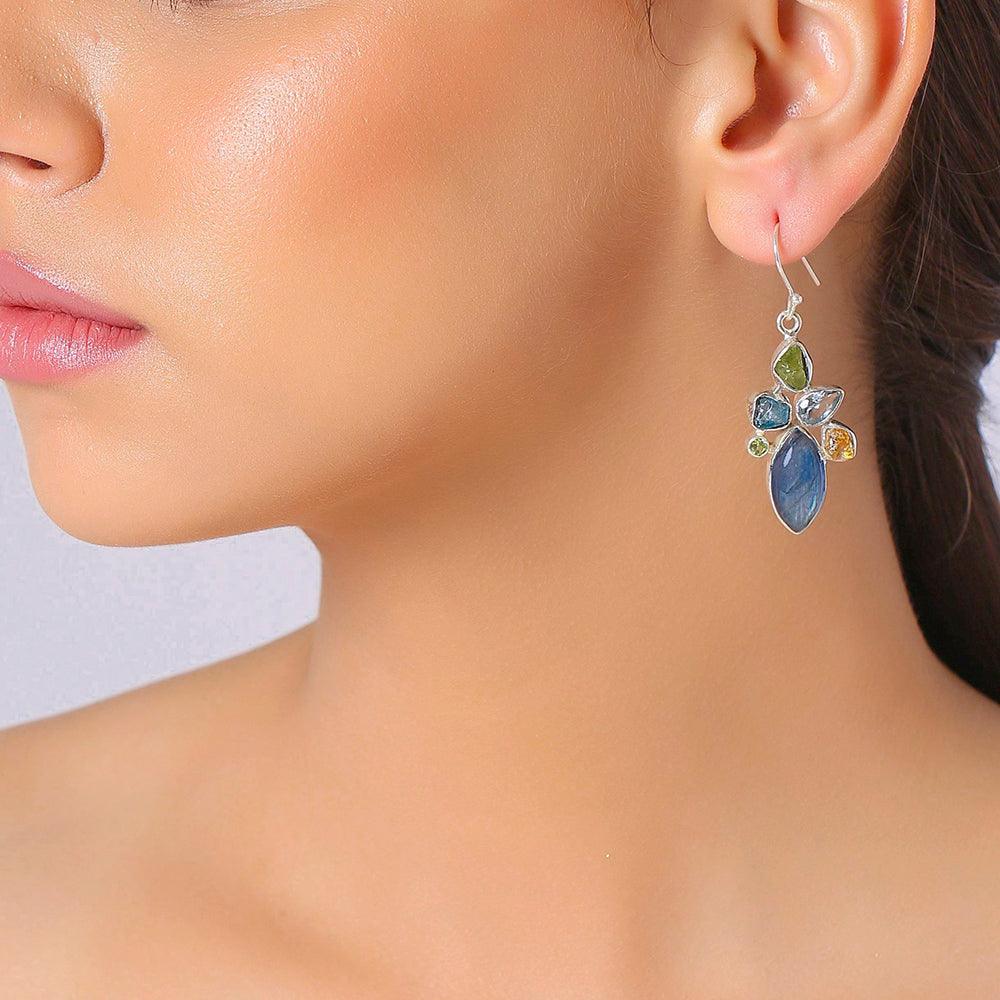 Labradorite Multi Gemstone Solid 925 Sterling Silver Dangle Earrings Jewelry - YoTreasure