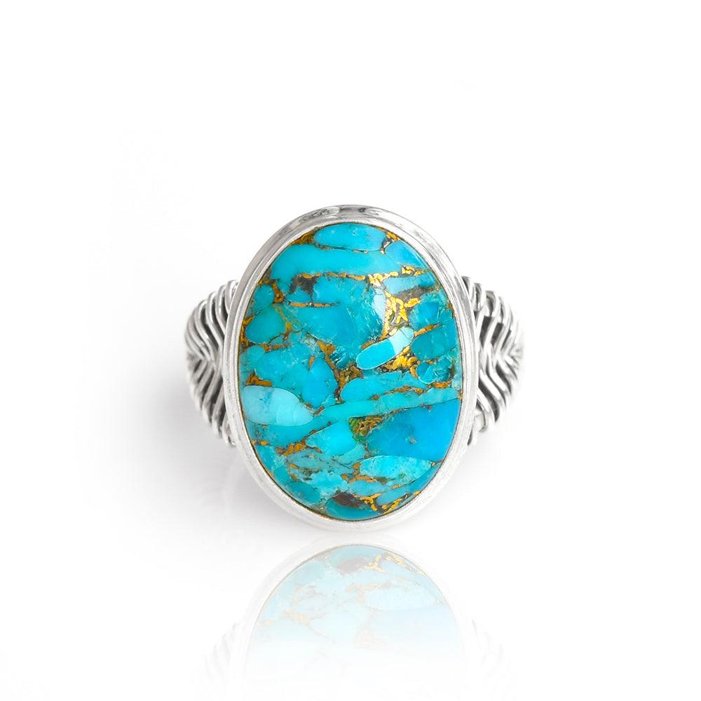 Blue Copper Turquoise Solid 925 Sterling Silver Cocktail Ring Jewelry - YoTreasure