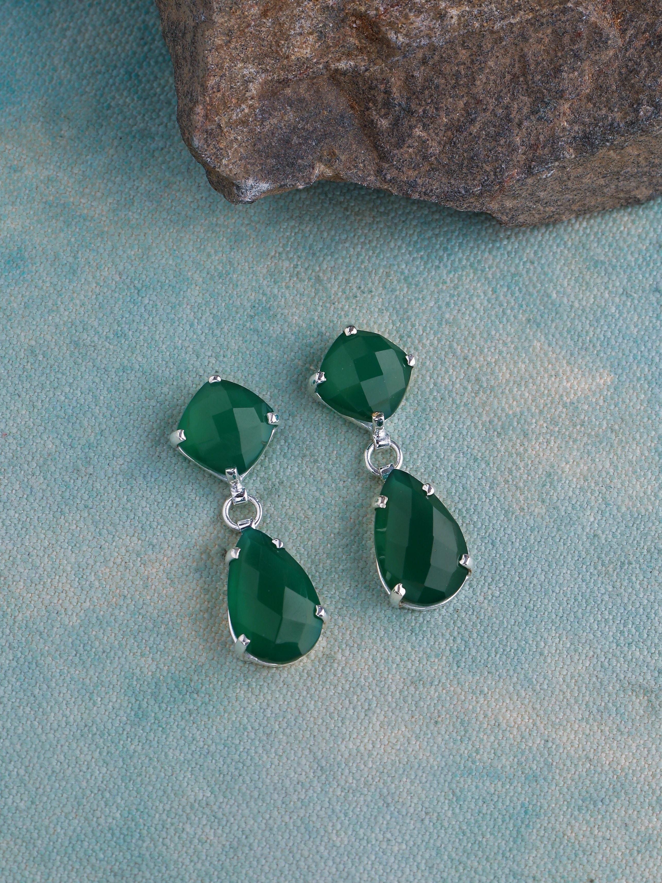 Green Onyx Drop Dangle Earrings Solid 925 Sterling Silver - YoTreasure