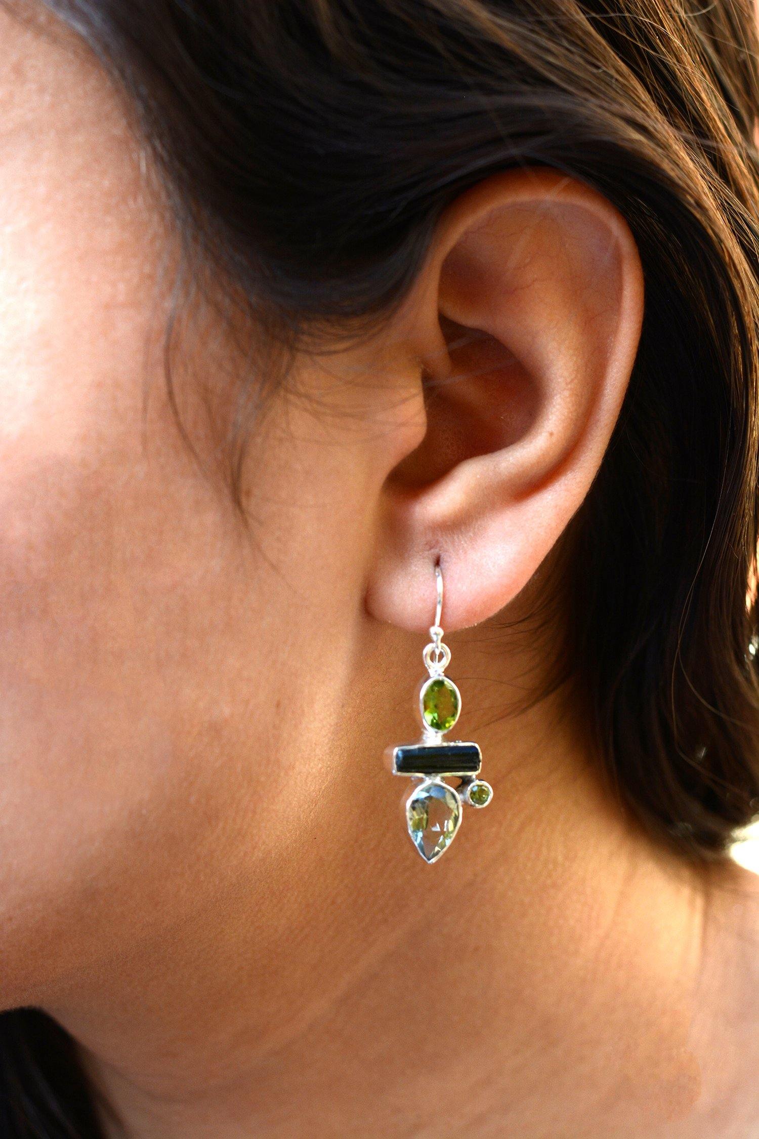 Green Amethyst Peridot Rough Solid 925 Sterling Silver Dangle Earrings - YoTreasure