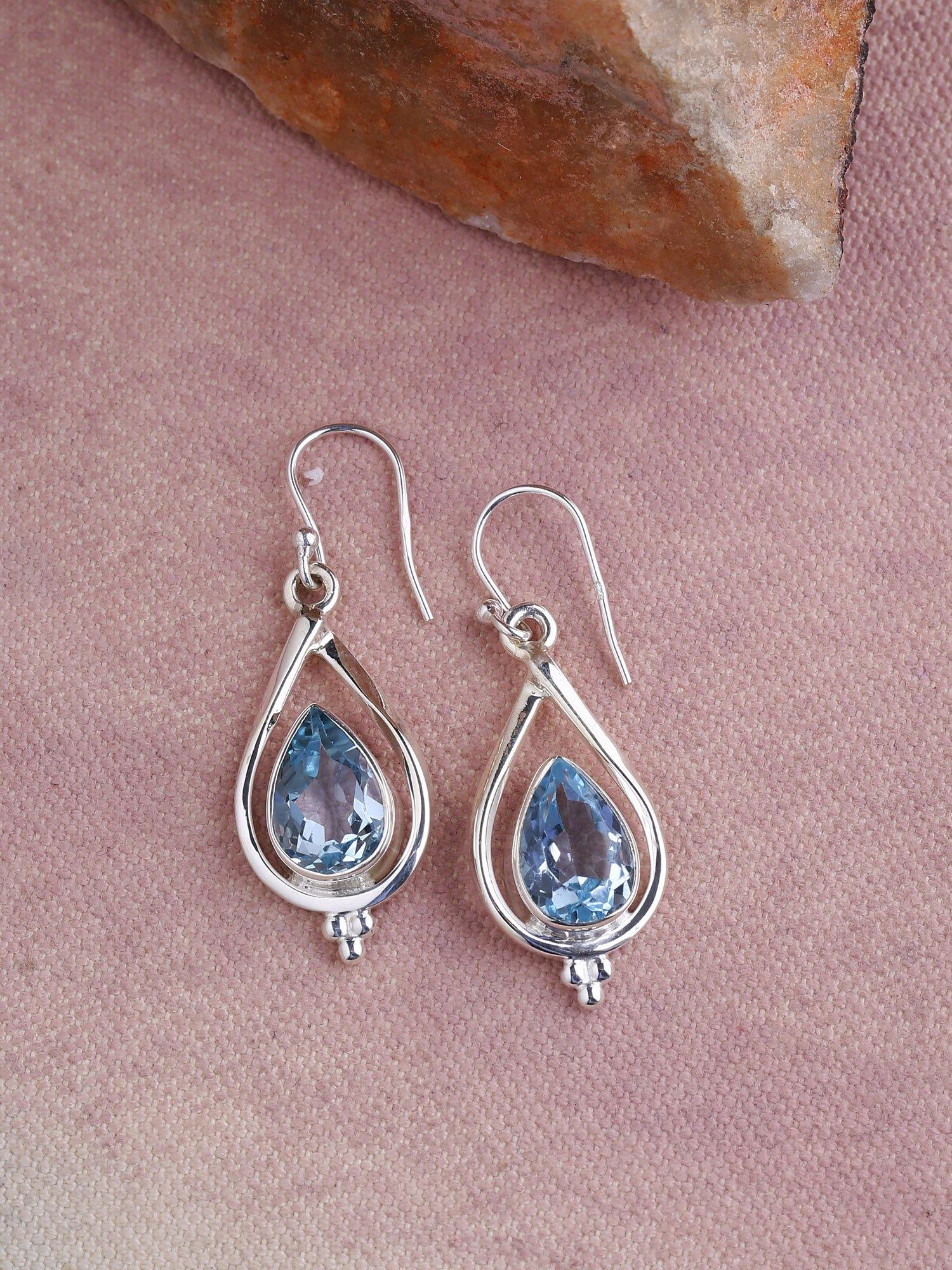 Blue Topaz Solid 925 Sterling Silver Dangle Earrings - YoTreasure