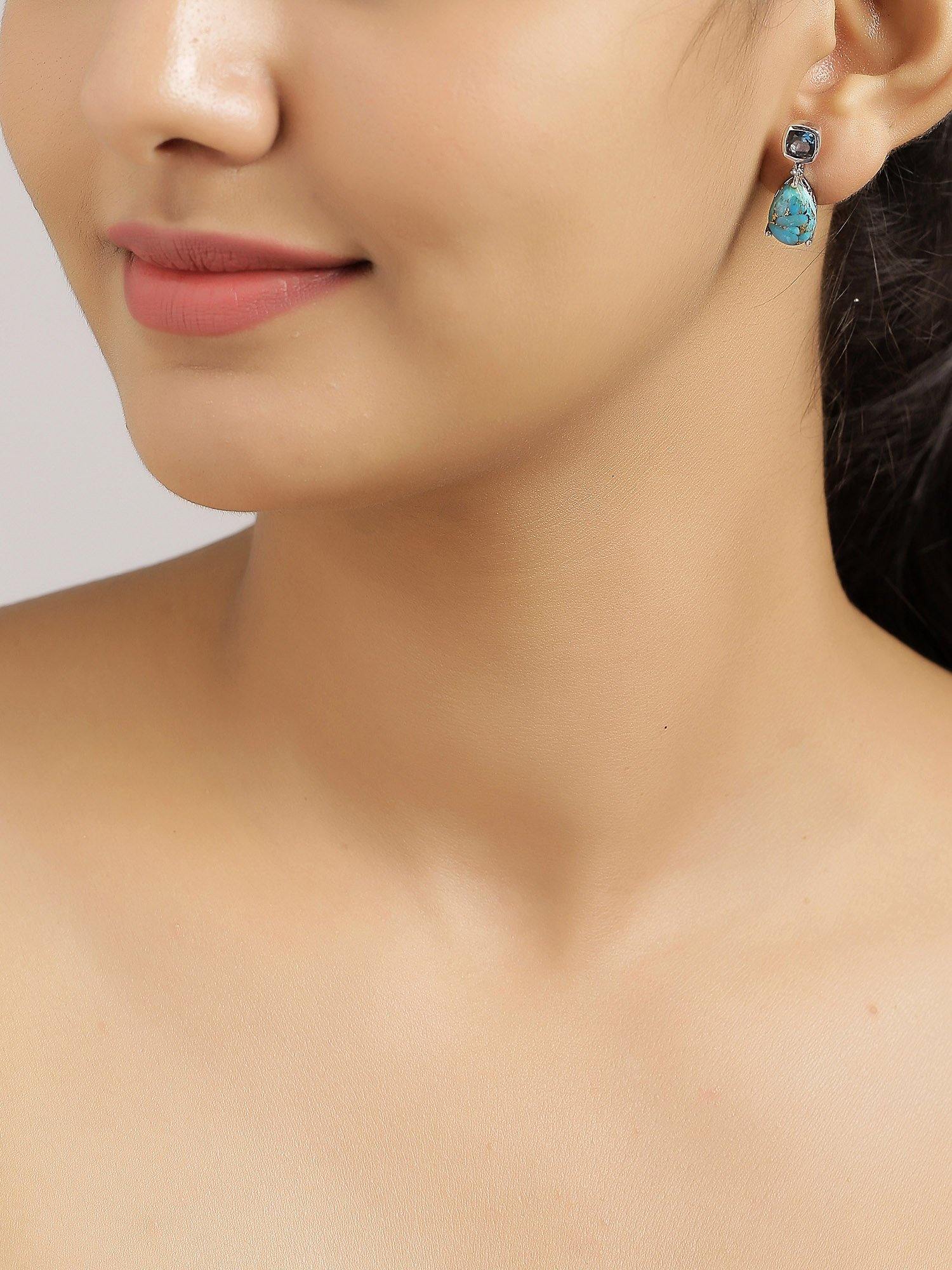 8.24 Ct. Blue Copper Turquoise Solid 925 Sterling Silver Teardrop Dangle Earrings Jewelry - YoTreasure