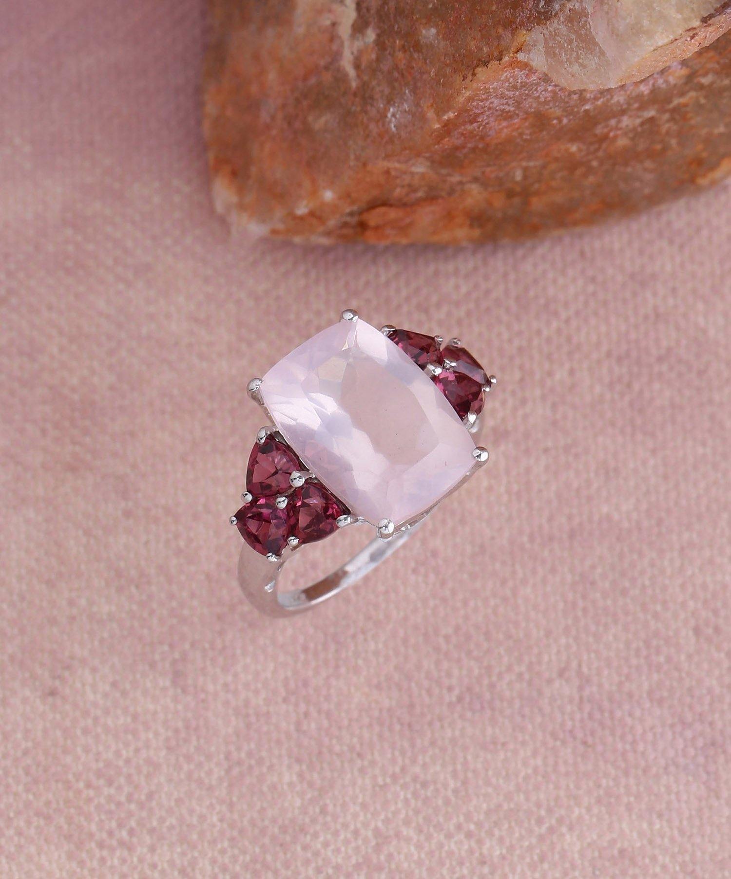 7.30 Ct. Rose Quartz Rhodolite Solid 925 Sterling Silver Ring Jewelry - YoTreasure