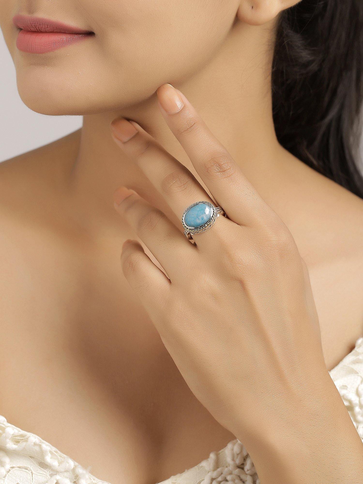 Natural Larimar Solid 925 Sterling Silver Brass Ring Jewelry - YoTreasure