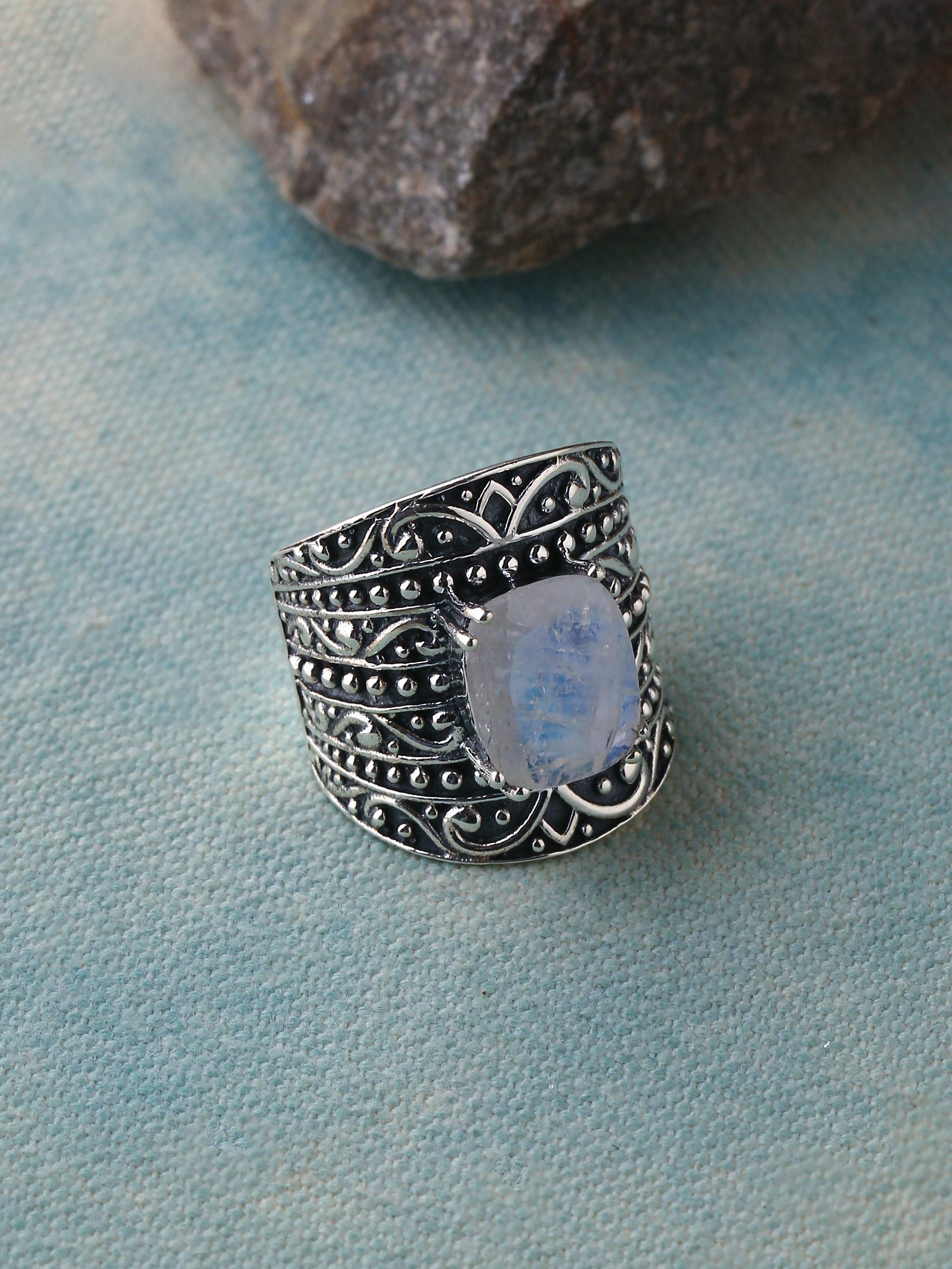 9x11MM Moonstone Ring 925 Sterling Silver Oxidized Wide Band Boho Jewelry - YoTreasure