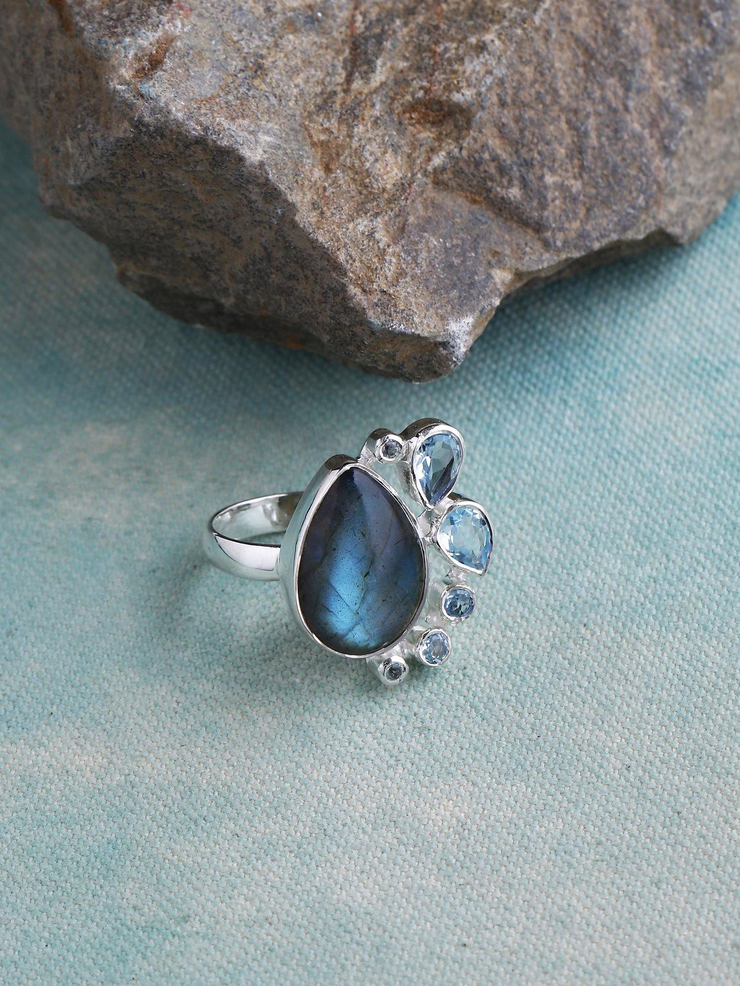 Labradorite Blue Topaz Solid 925 Sterling Silver Gemstone Ring Jewelry - YoTreasure