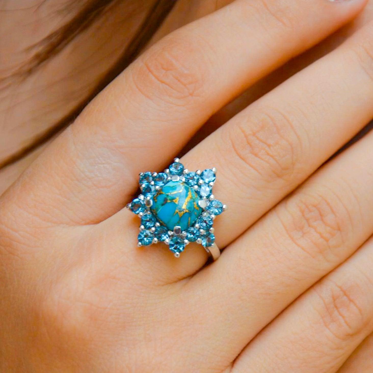 5.40 Ct Blue Copper Turquoise Solid 925 Sterling Silver Cluster Ring Jewelry - YoTreasure