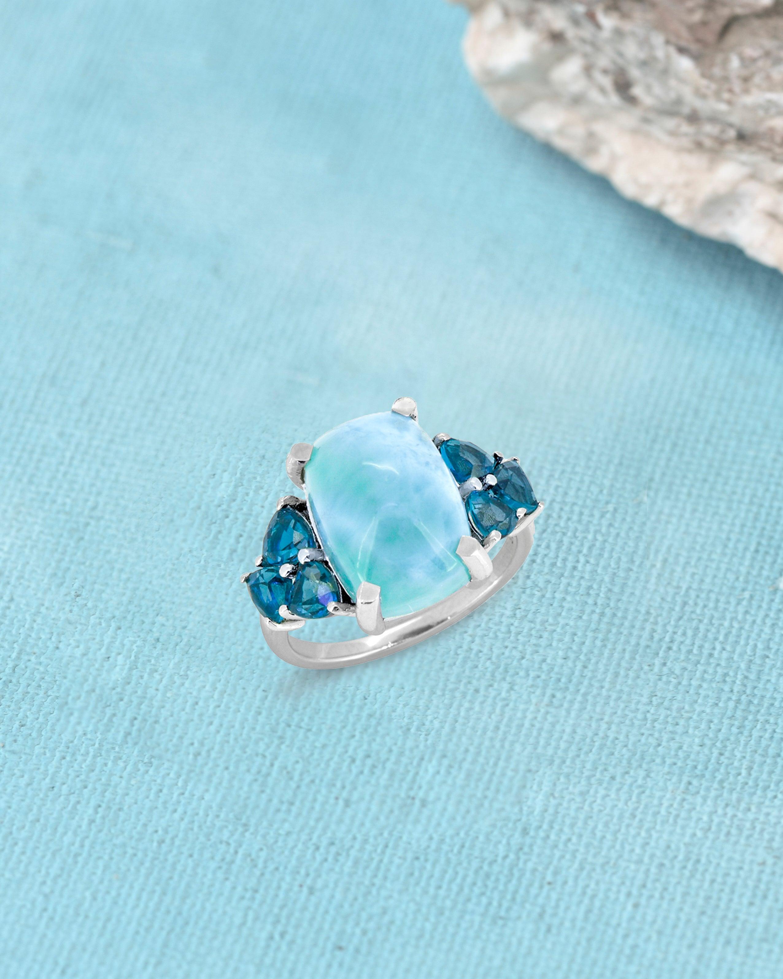 7.30 Ct. Natural Larimar London Blue Topaz Solid 925 Sterling Silver Ring Jewelry - YoTreasure