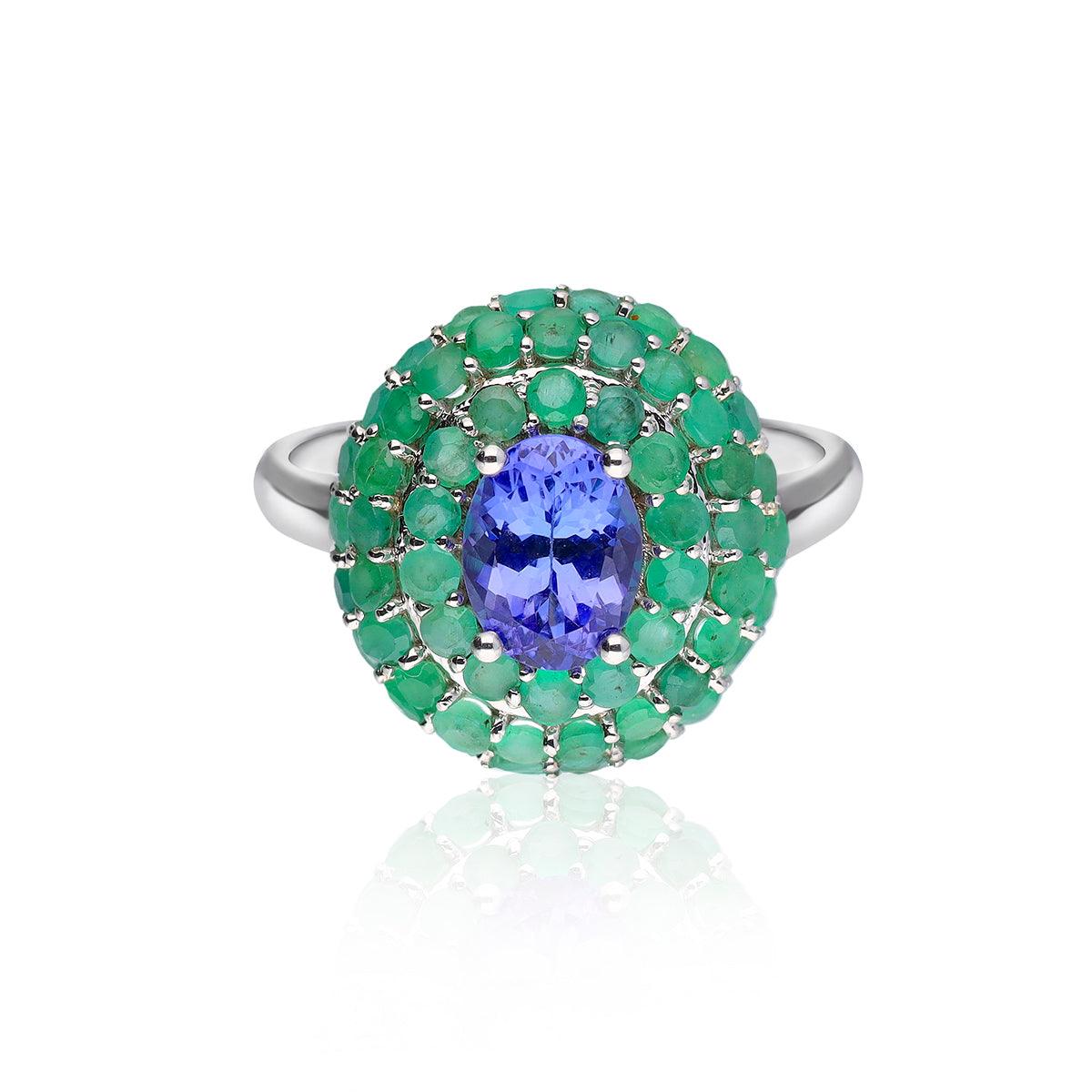 2.76 Ct. Tanzanite Zambian Emerald Chunky Ring 14K White Gold Jewelry - YoTreasure