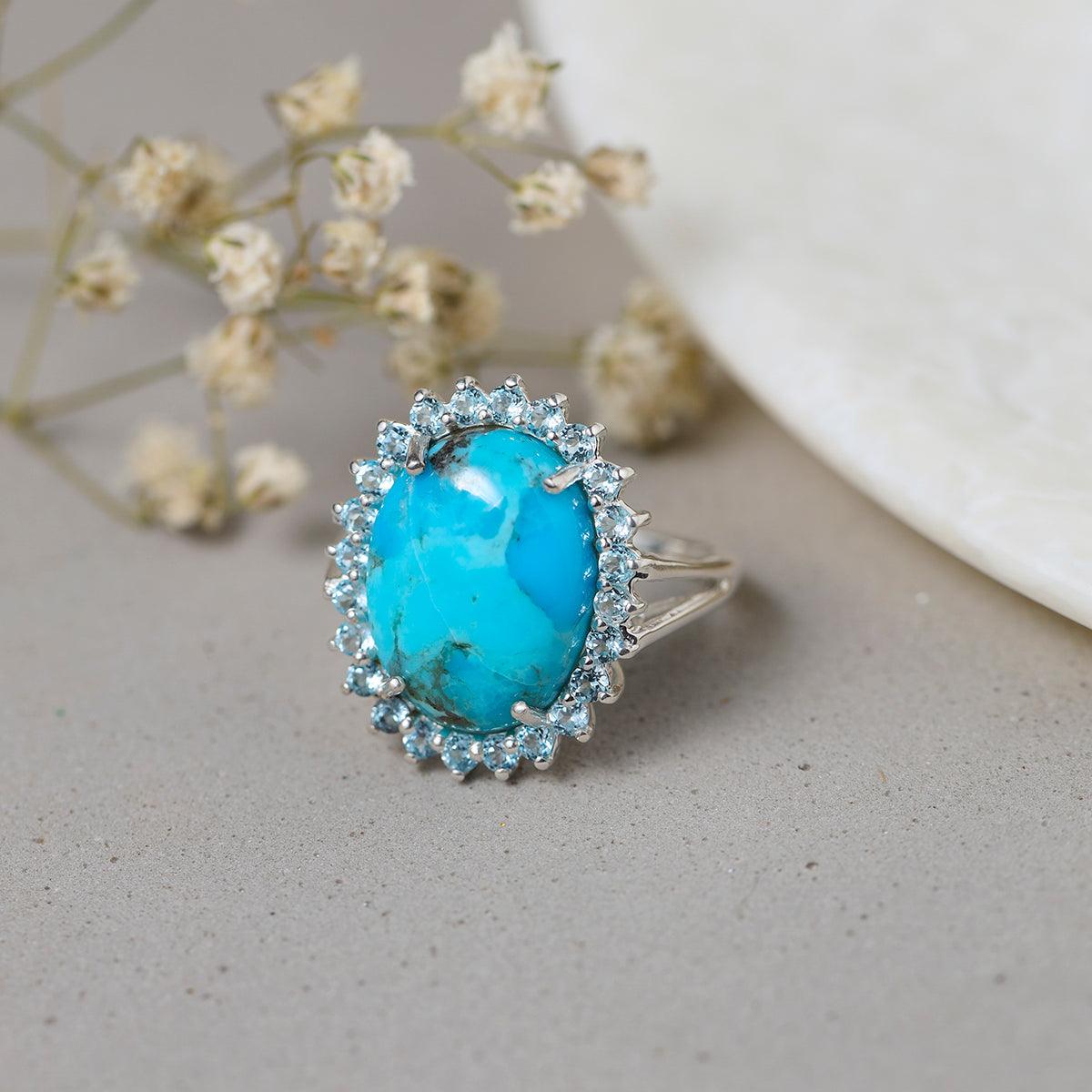 Turquoise & Swiss Blue Topaz 925 Sterling Silver Chunky Ring - YoTreasure