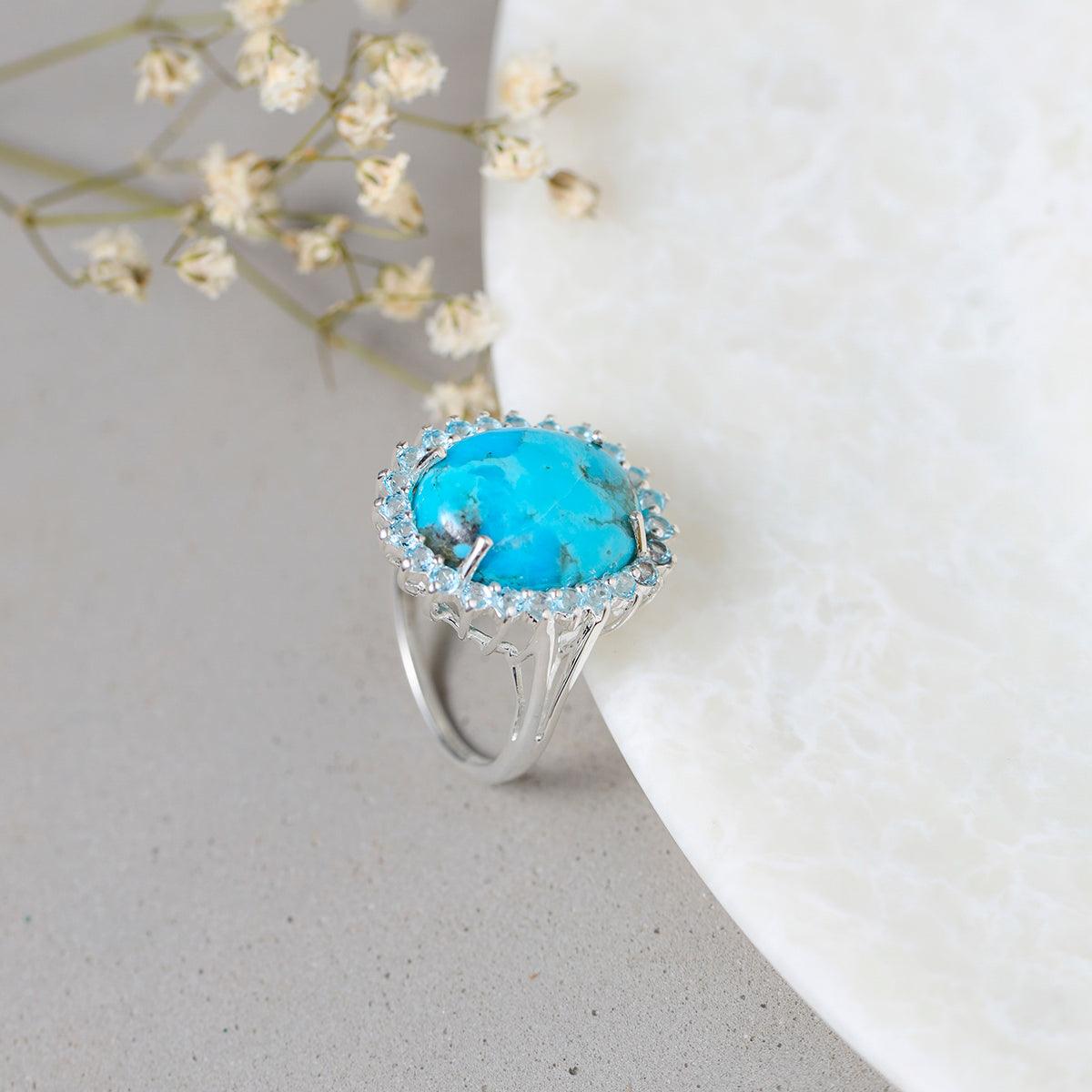 Turquoise & Swiss Blue Topaz 925 Sterling Silver Chunky Ring - YoTreasure