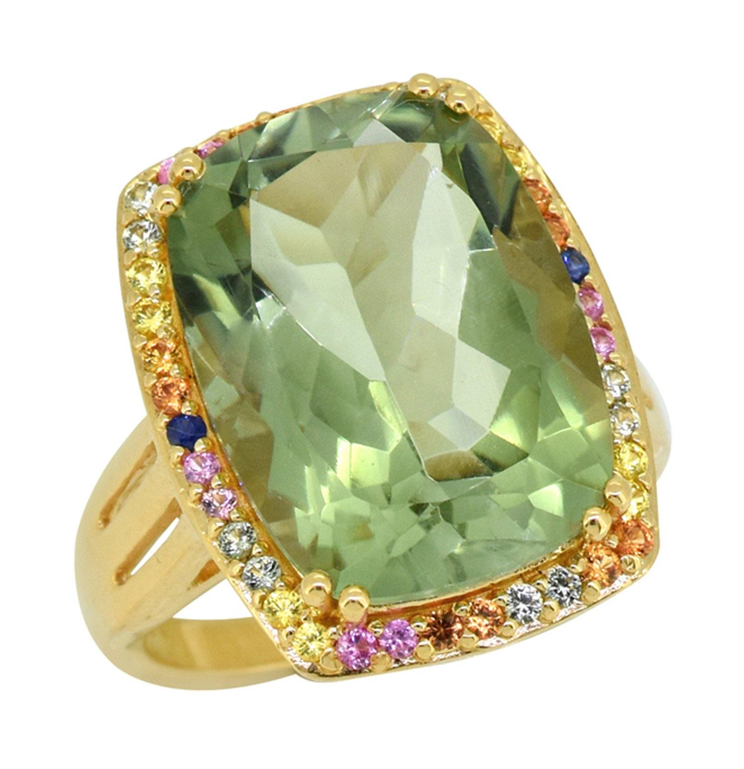 13.44 Ct Green Amethyst Solid 925 Sterling Silver Yellow Gold Plated Ring Jewelry - YoTreasure
