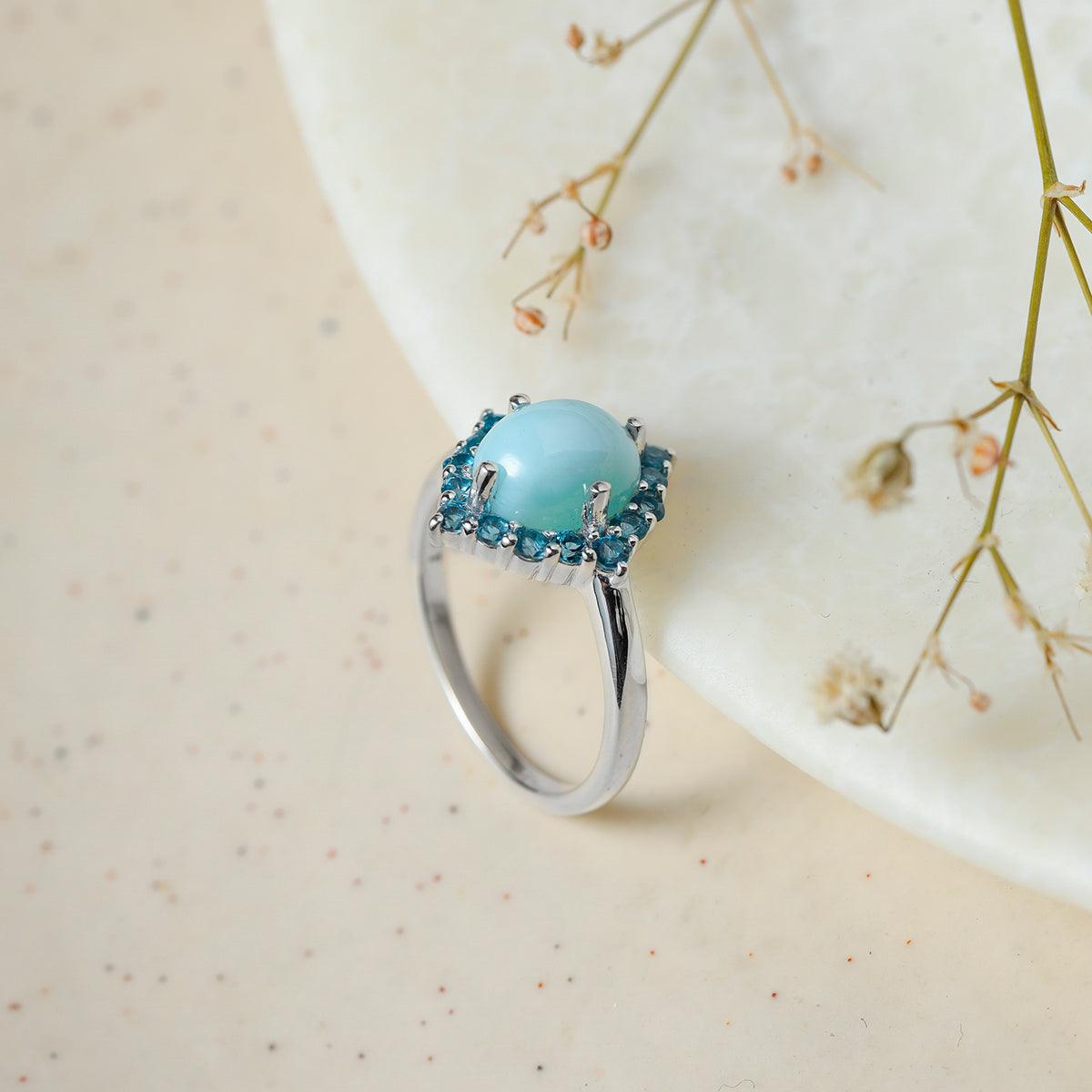 Unique 925 Sterling Silver Blue Topaz store Larimar Ring