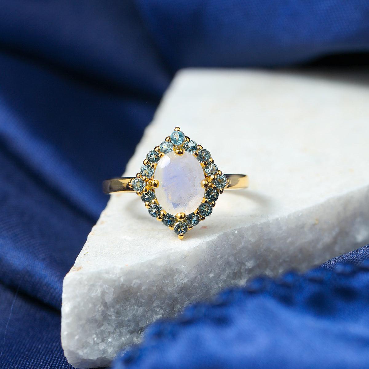 Rainbow Moonstone & Blue Topaz Ring in 14k Gold Over 925 Sterling Silver - YoTreasure