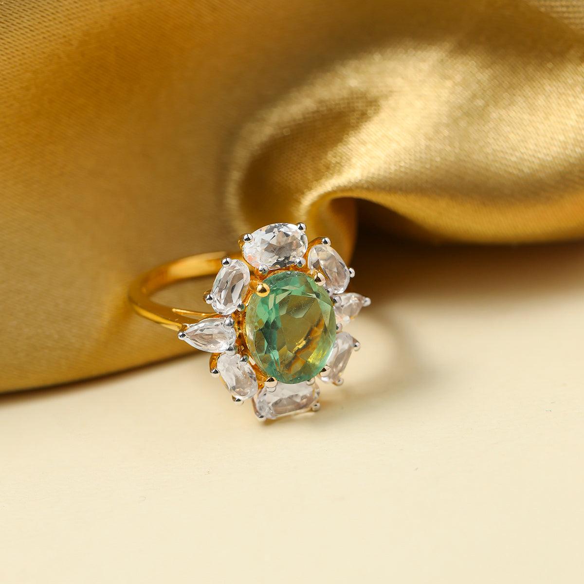 Green Fluorite & White Topaz Ring in 14k Gold Over Silver - YoTreasure