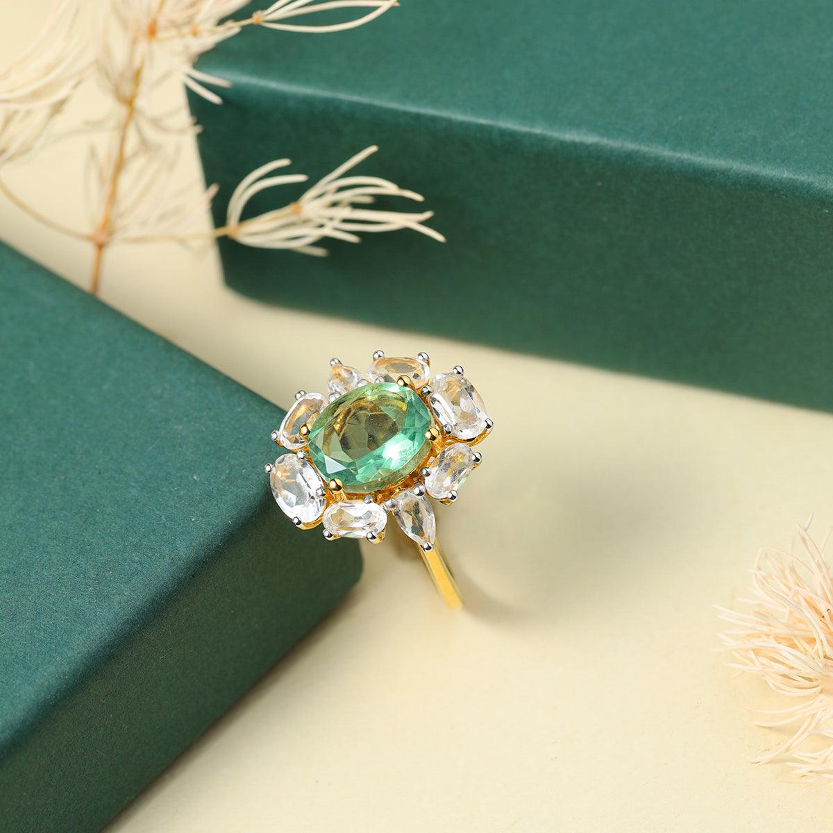 Green Fluorite & White Topaz Ring in 14k Gold Over Silver - YoTreasure