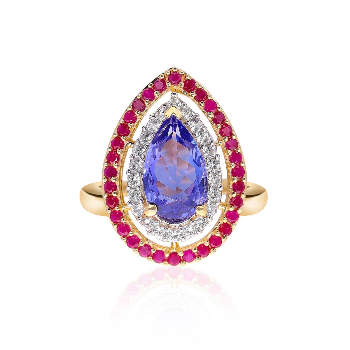 2.21 Ct. Tanzanite Ruby Sapphire Cluster Ring 14K Yellow Gold Gemstone Jewelry - YoTreasure