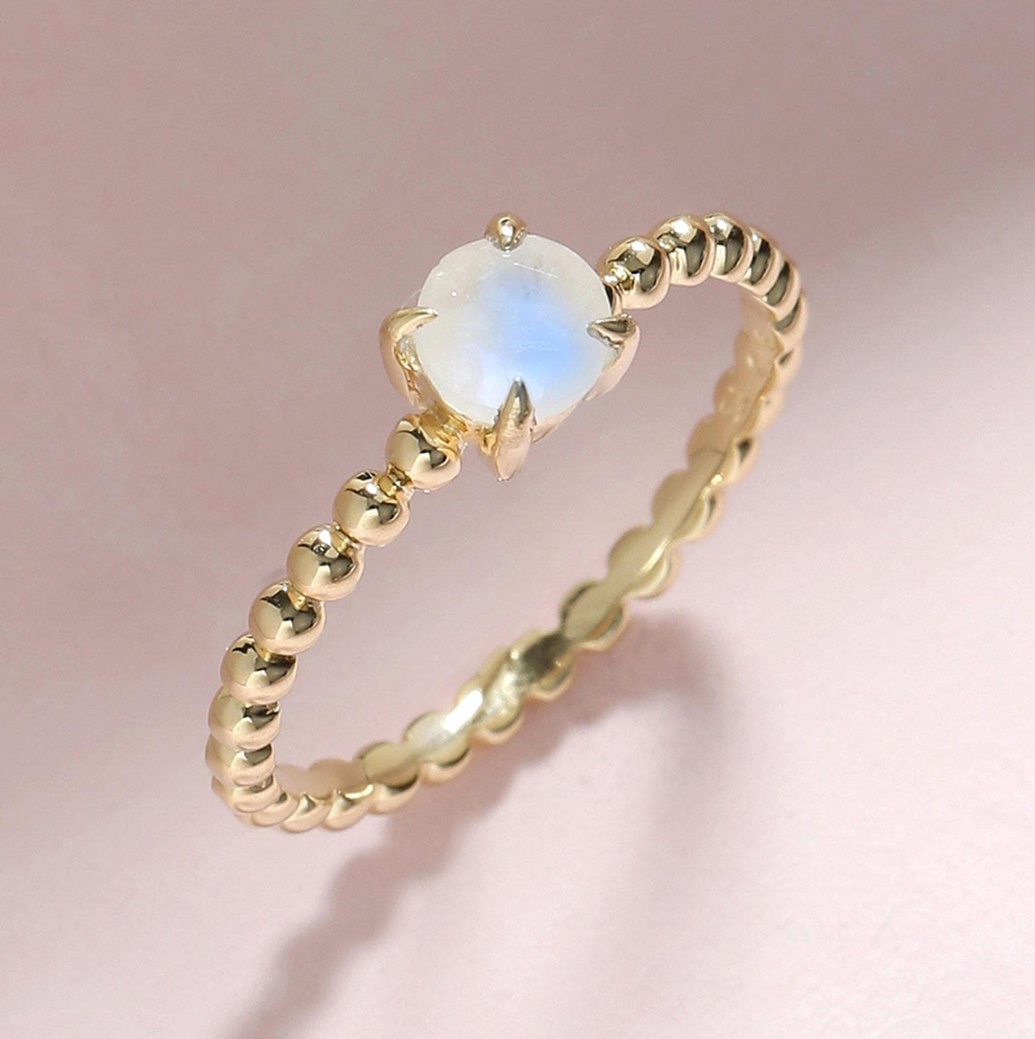 0.60 Ct Moonstone Solid 10k Yellow Gold Beaded Solitaire Ring Jewelry - YoTreasure