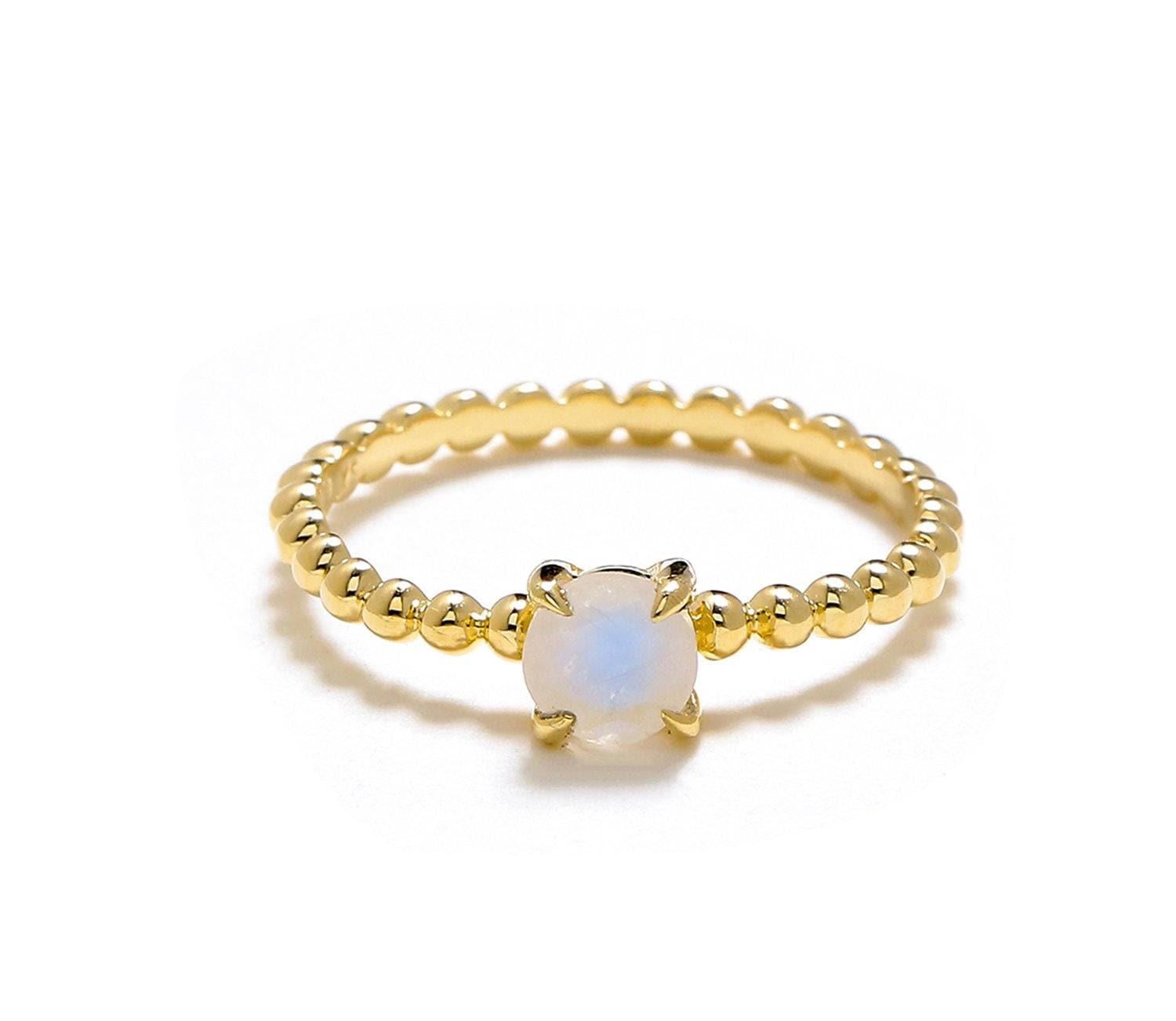 0.60 Ct Moonstone Solid 10k Yellow Gold Beaded Solitaire Ring Jewelry - YoTreasure