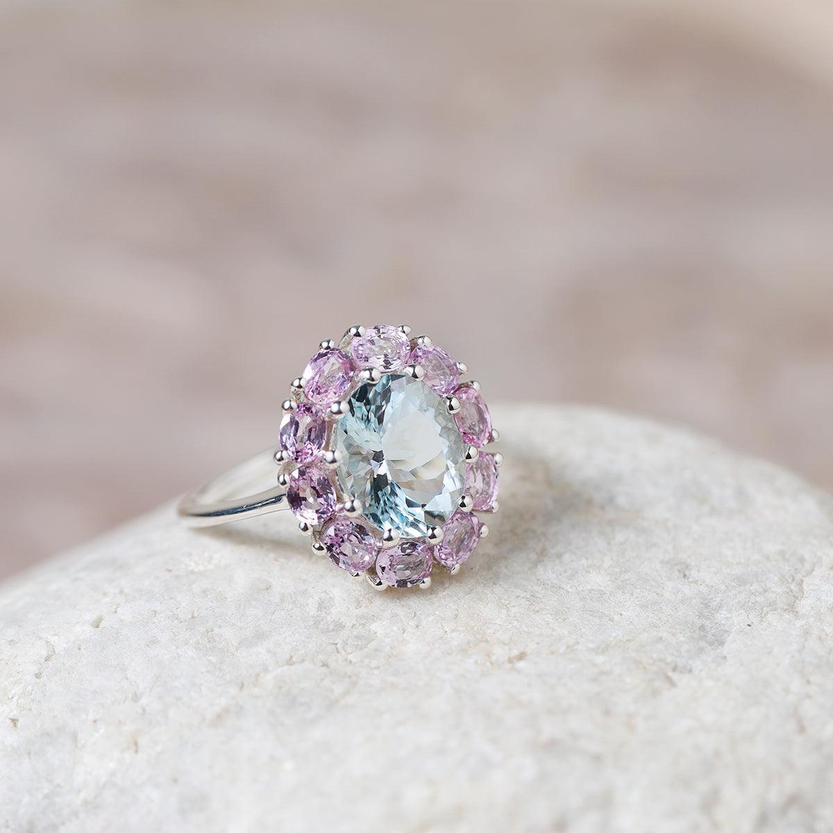 Aquamarine Pink Sapphire Cluster Ring 14K White Gold Jewelr