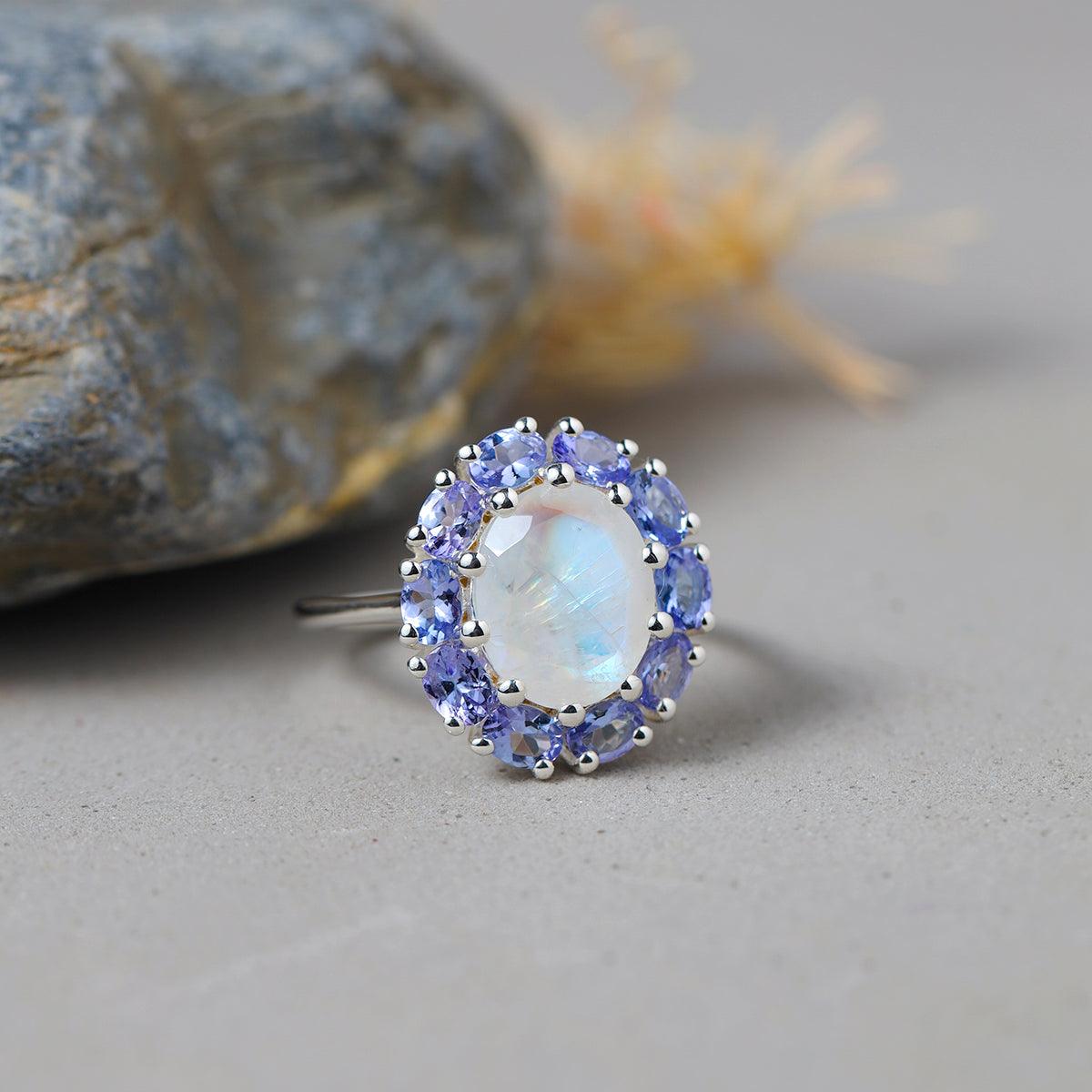 6.40 Ct. Moonstone & Tanzanite Cluster Ring 10kt White Gold Jewelry - YoTreasure