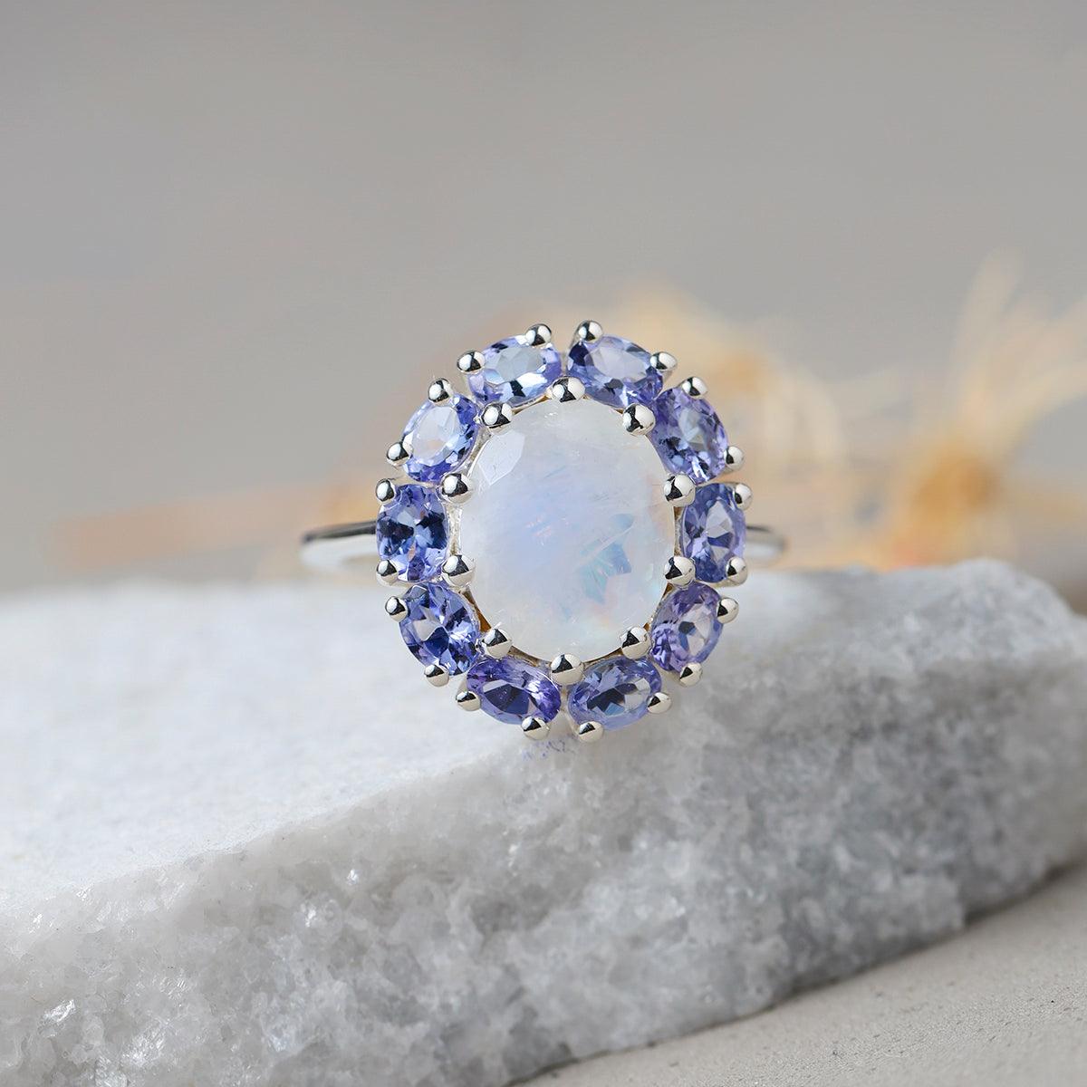 6.40 Ct. Moonstone & Tanzanite Cluster Ring 10kt White Gold Jewelry - YoTreasure