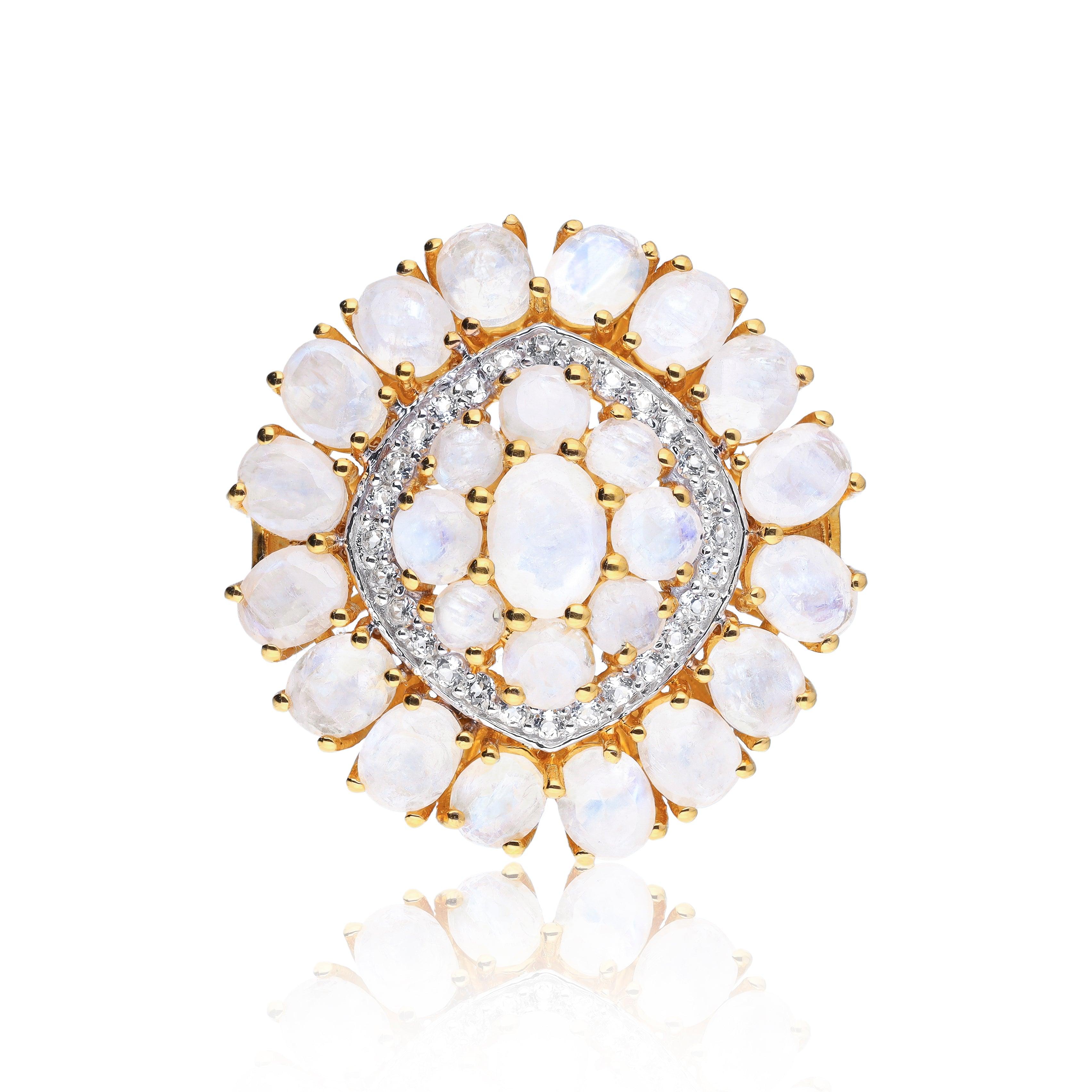 Moonstone White Topaz Yellow Gold Plated Over 925 Silver Cluster Ring Jewelry - YoTreasure