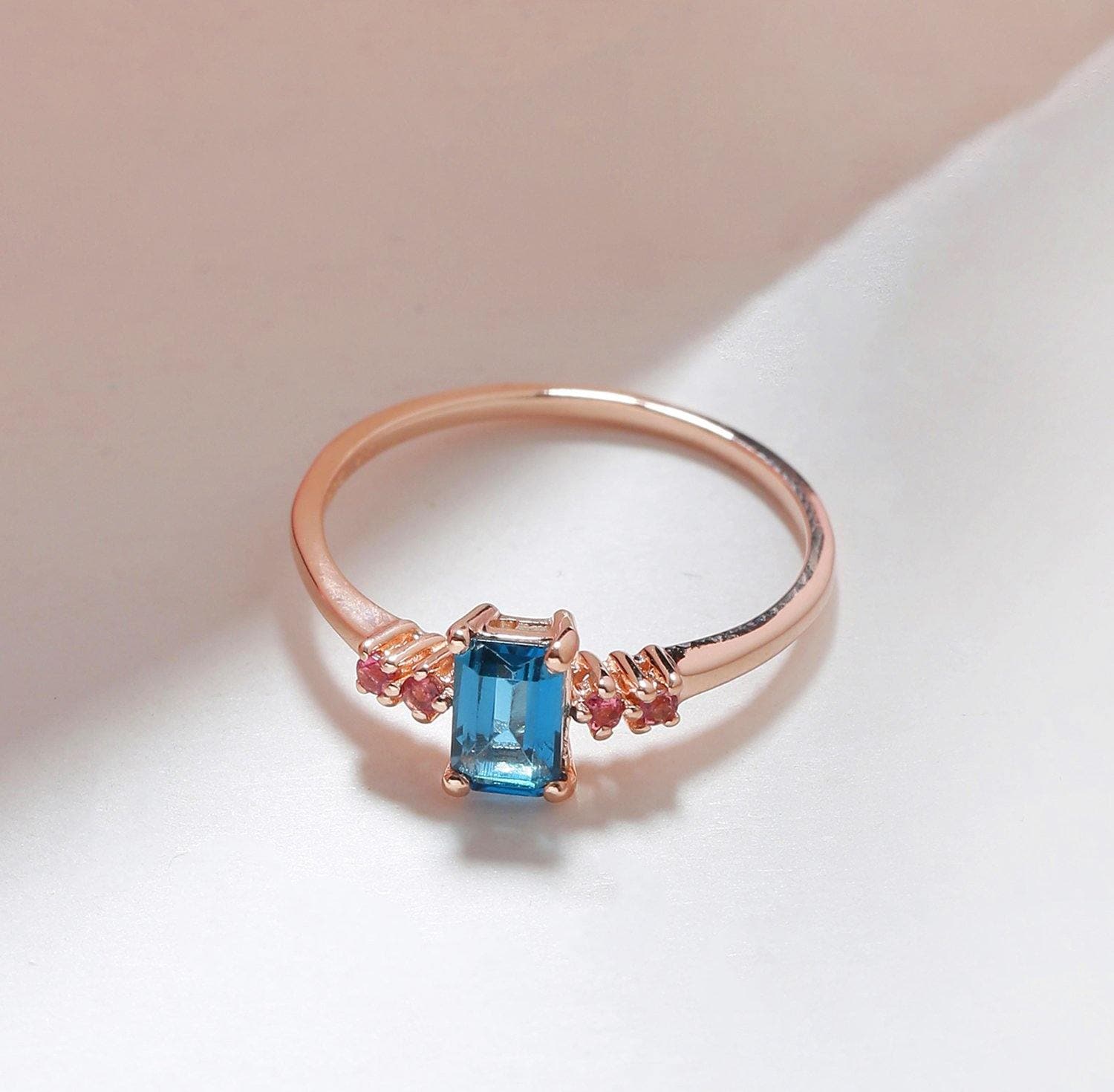 0.77 Ct London Blue Topaz Pink Tourmaline Solid 10k Rose Gold Ring - YoTreasure