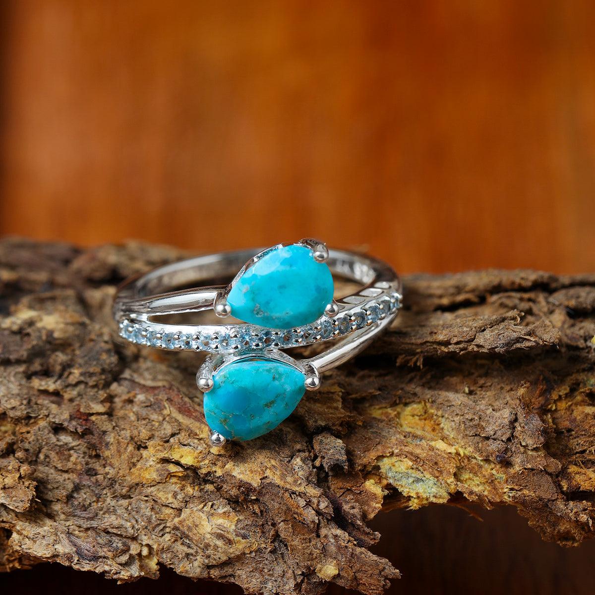 Turquoise & Swiss Blue Topaz 925 Sterling Silver Engagement Ring - YoTreasure