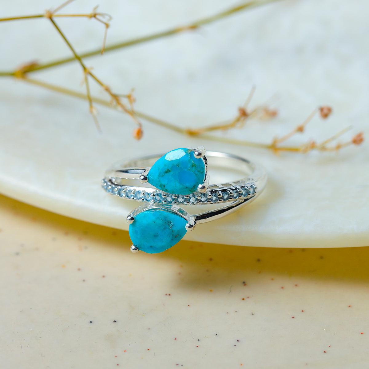 Turquoise & Swiss Blue Topaz 925 Sterling Silver Engagement Ring - YoTreasure