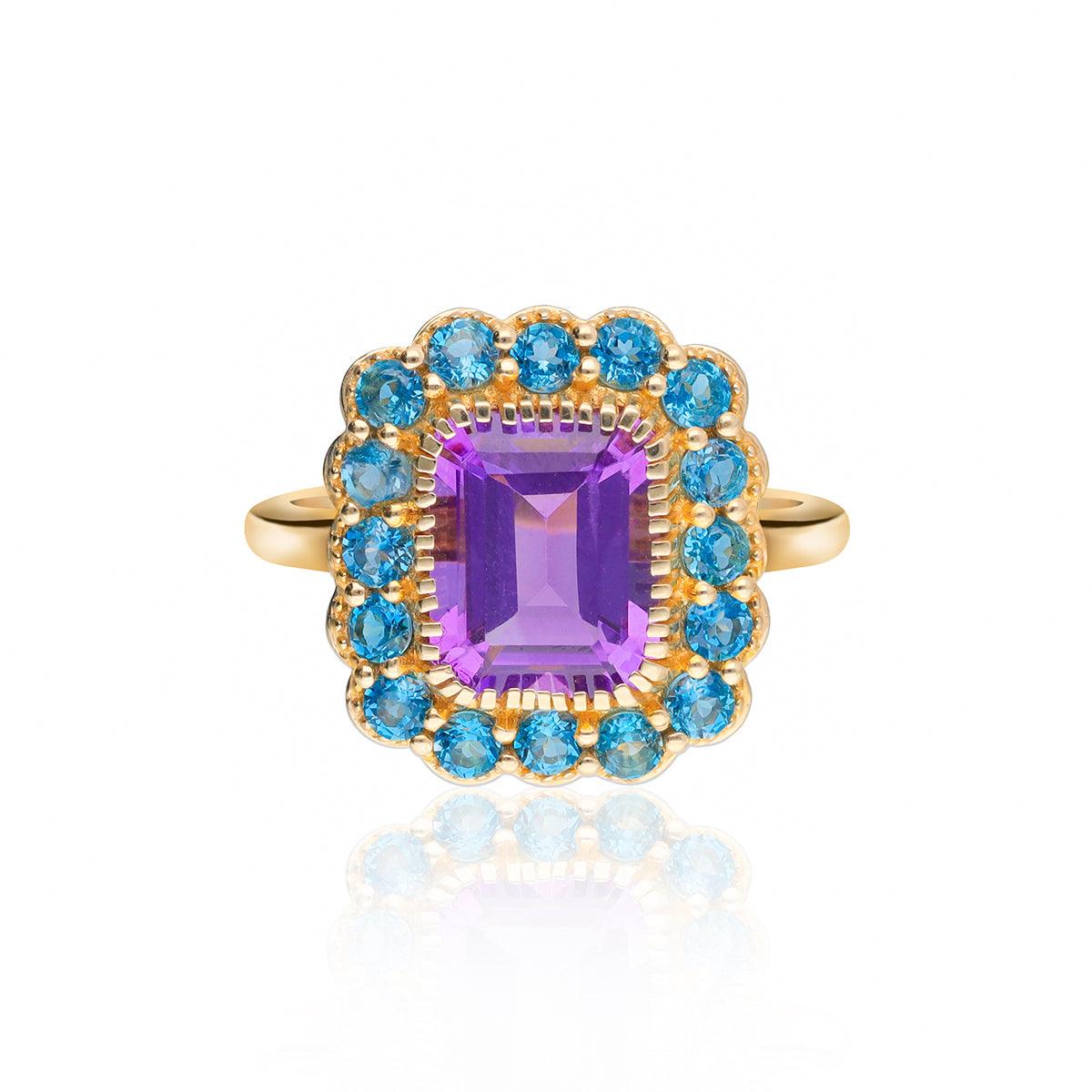 3.79 Ct. Purple Amethyst London Blue Topaz 14K Yellow Gold Statement Ring - YoTreasure