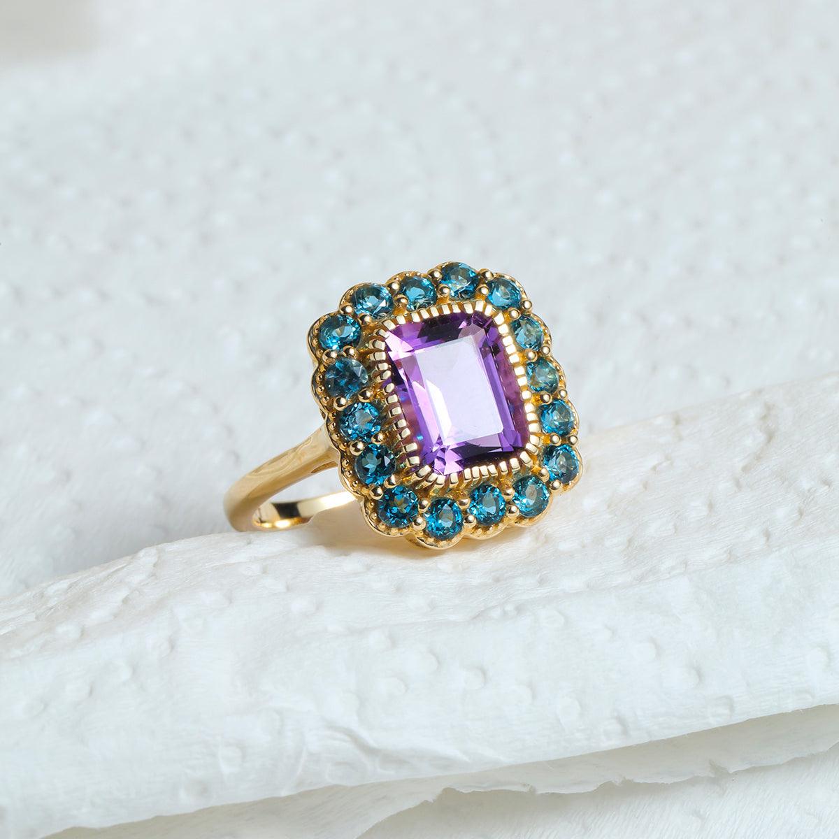 3.79 Ct. Purple Amethyst London Blue Topaz 14K Yellow Gold Statement Ring - YoTreasure