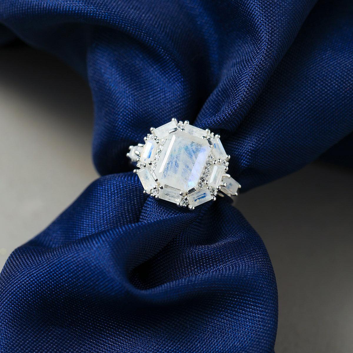 Rainbow Moonstone & White Sapphire Ring in 925 Sterling Silver - YoTreasure