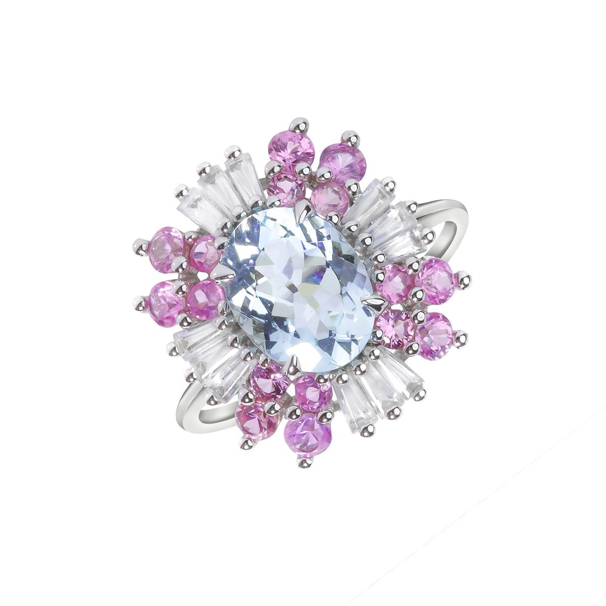 2.74 Ct. Aquamarine White Zircon Pink Sapphire 14K White Gold Engagement Ring - YoTreasure
