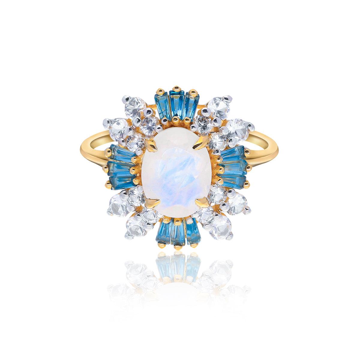 2.87 Ct. Moonstone London Blue Topaz Sapphire 14k Yellow Gold Engagement Ring - YoTreasure