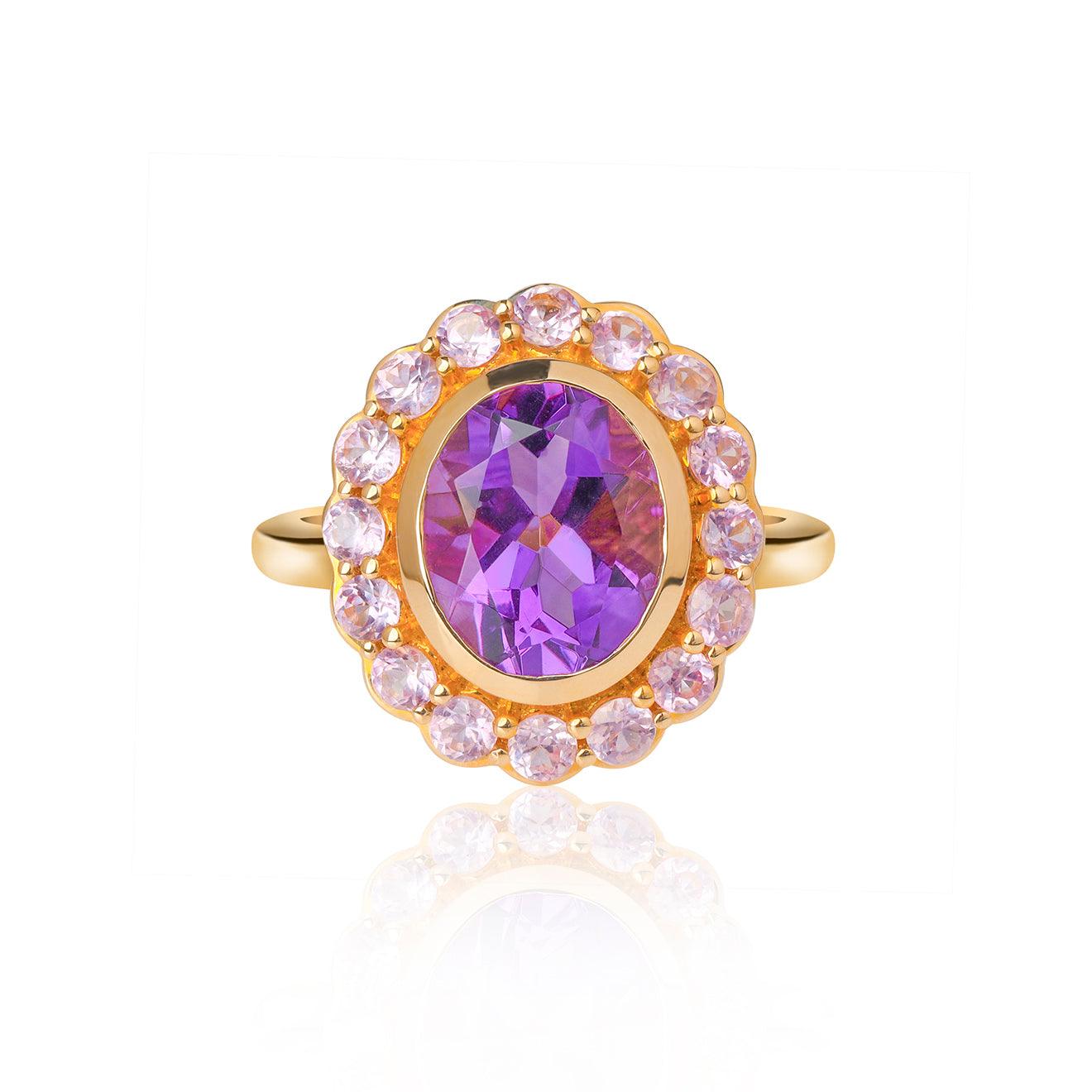 3.82 Ct. Purple Amethyst Pink Sapphire Cluster Ring 14K Yellow Gold Jewelry - YoTreasure