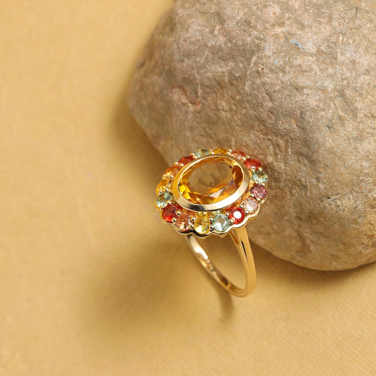 4.14 Ct. Citrine Multi Sapphire Cluster Ring 14K Yellow Gold Jewelry - YoTreasure