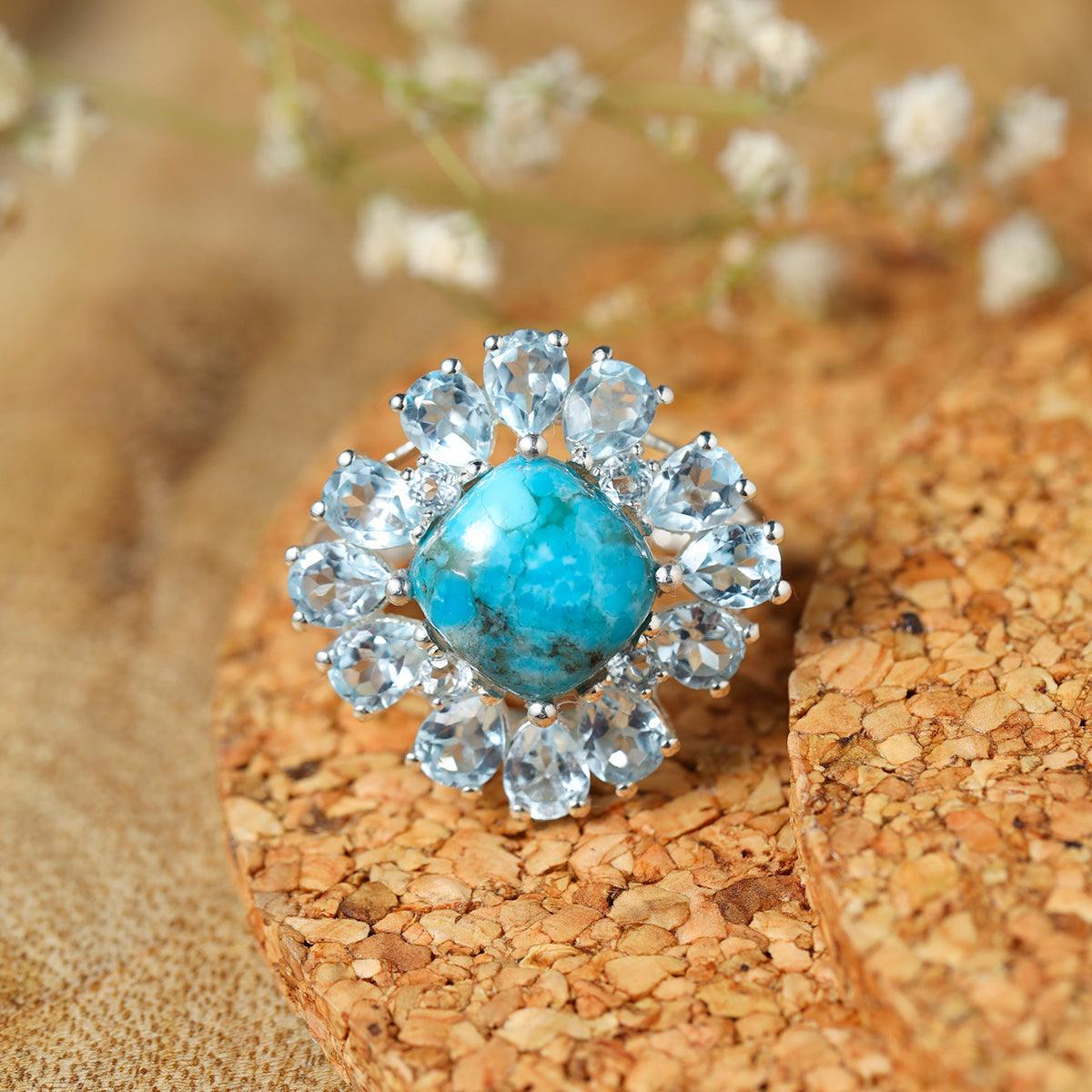 Turquoise & Sky Blue Topaz Ring in 925 Sterling Silver - YoTreasure