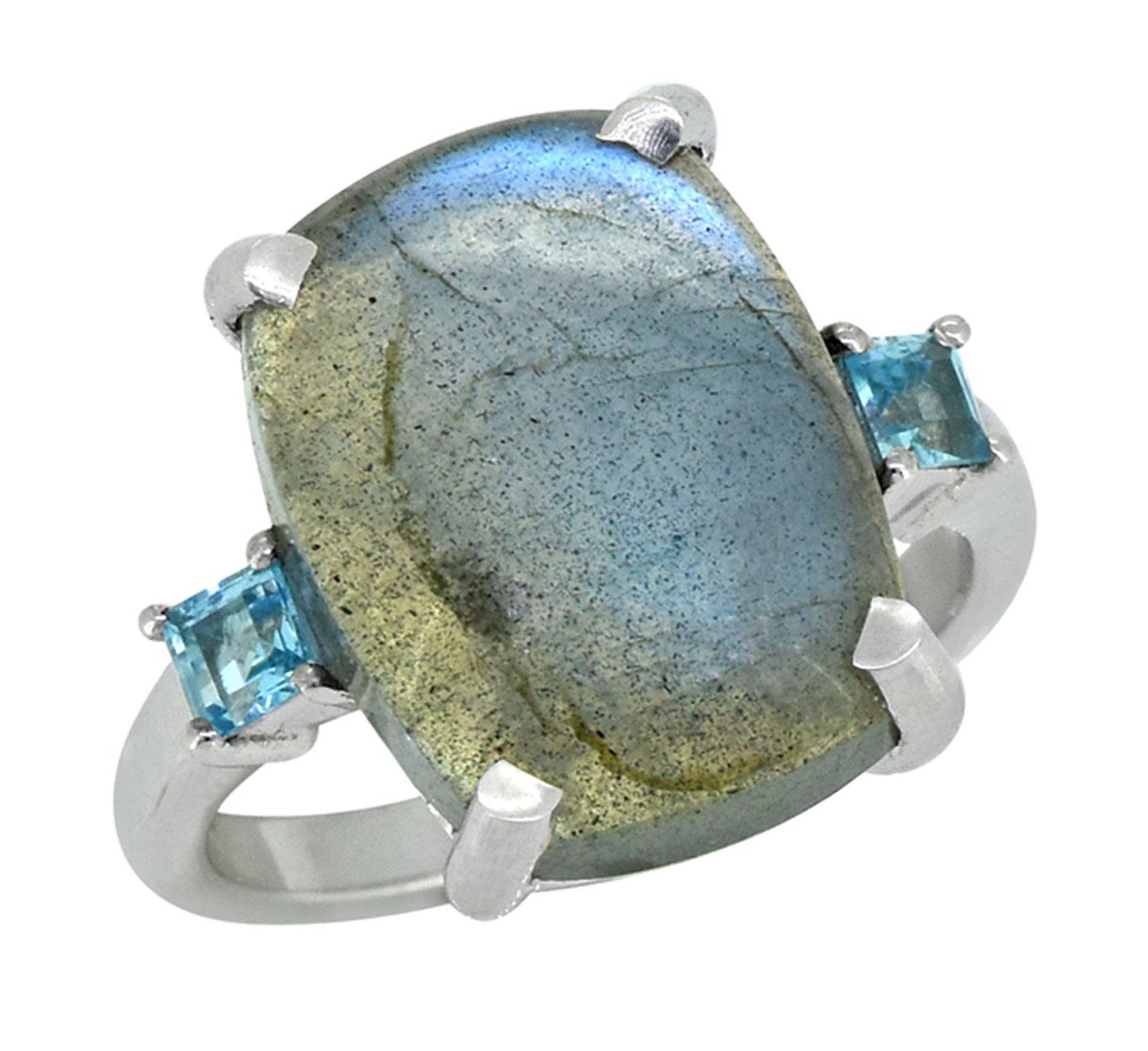 11.18 Ct Labradorite Swiss Blue Topaz Solid 925 Sterling Silver Ring Jewelry - YoTreasure