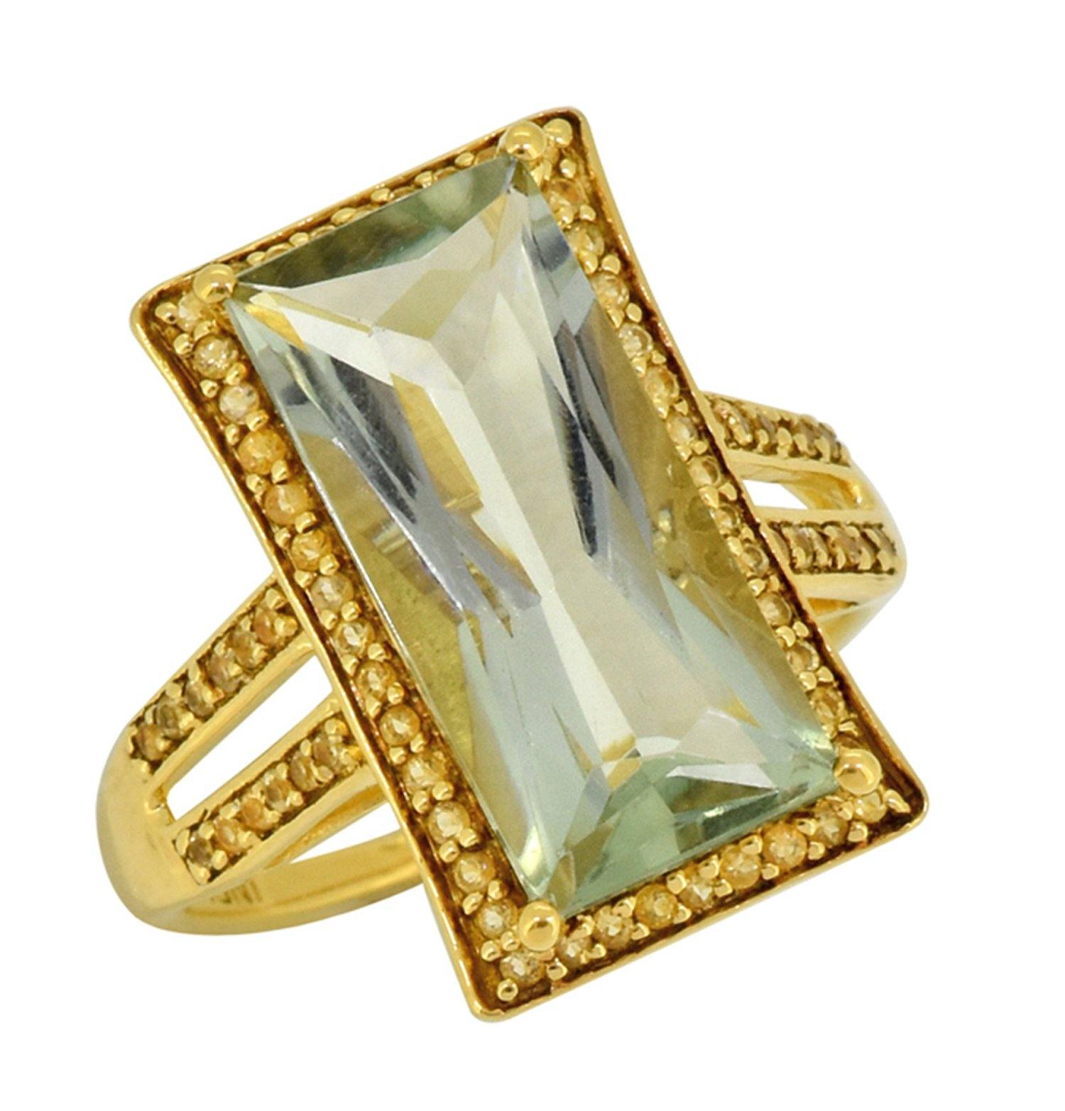 6.65 Ct Green Amethyst Citrine Solid 925 Sterling Silver Gold Plated Ring Jewelry - YoTreasure