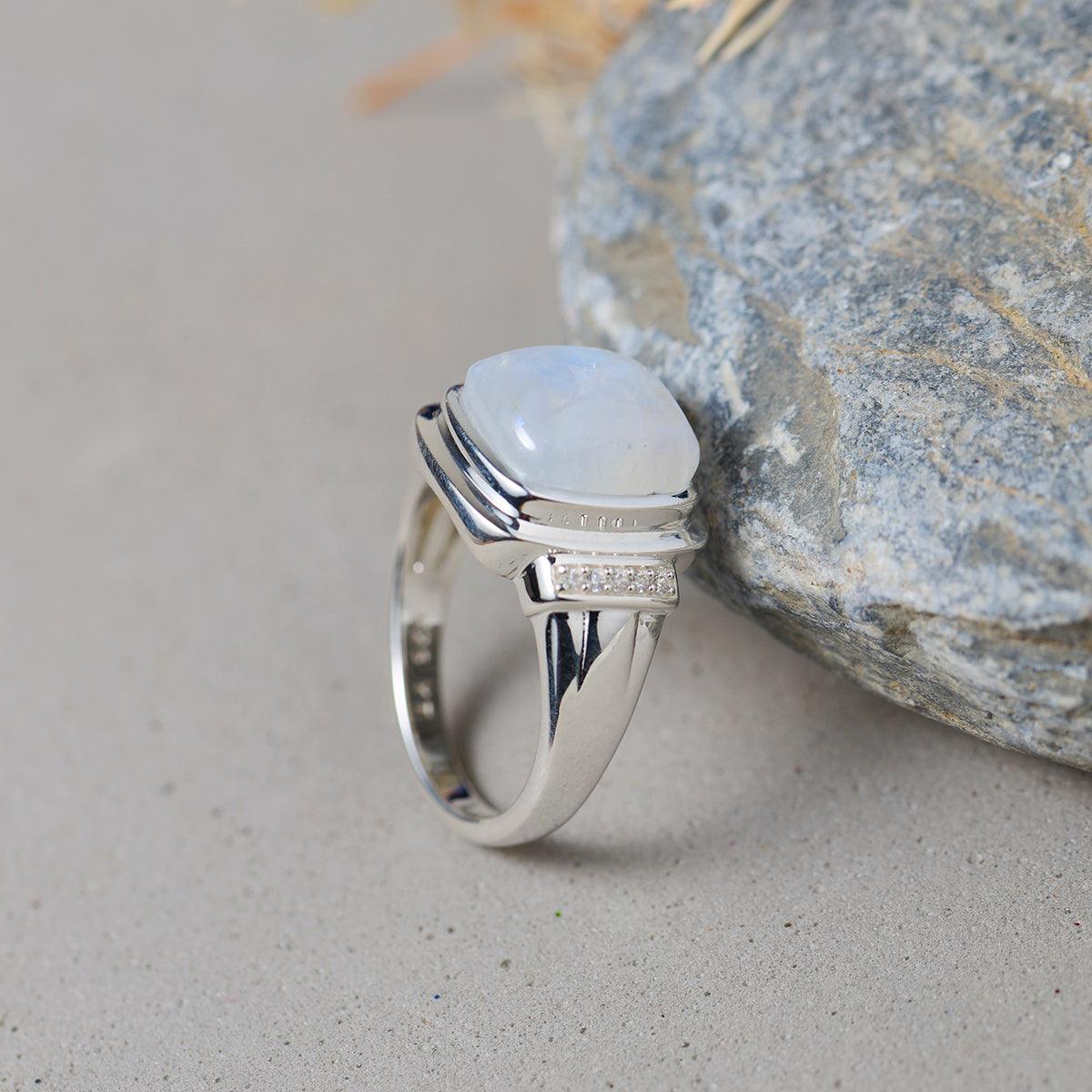 Rainbow Moonstone White Zircon Ring in 925 Sterling Silver