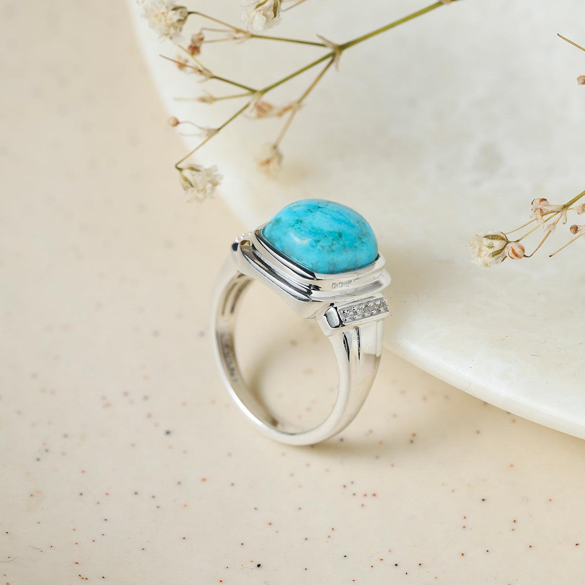 Turquoise & White Zircon Ring in 925 Sterling Silver - YoTreasure